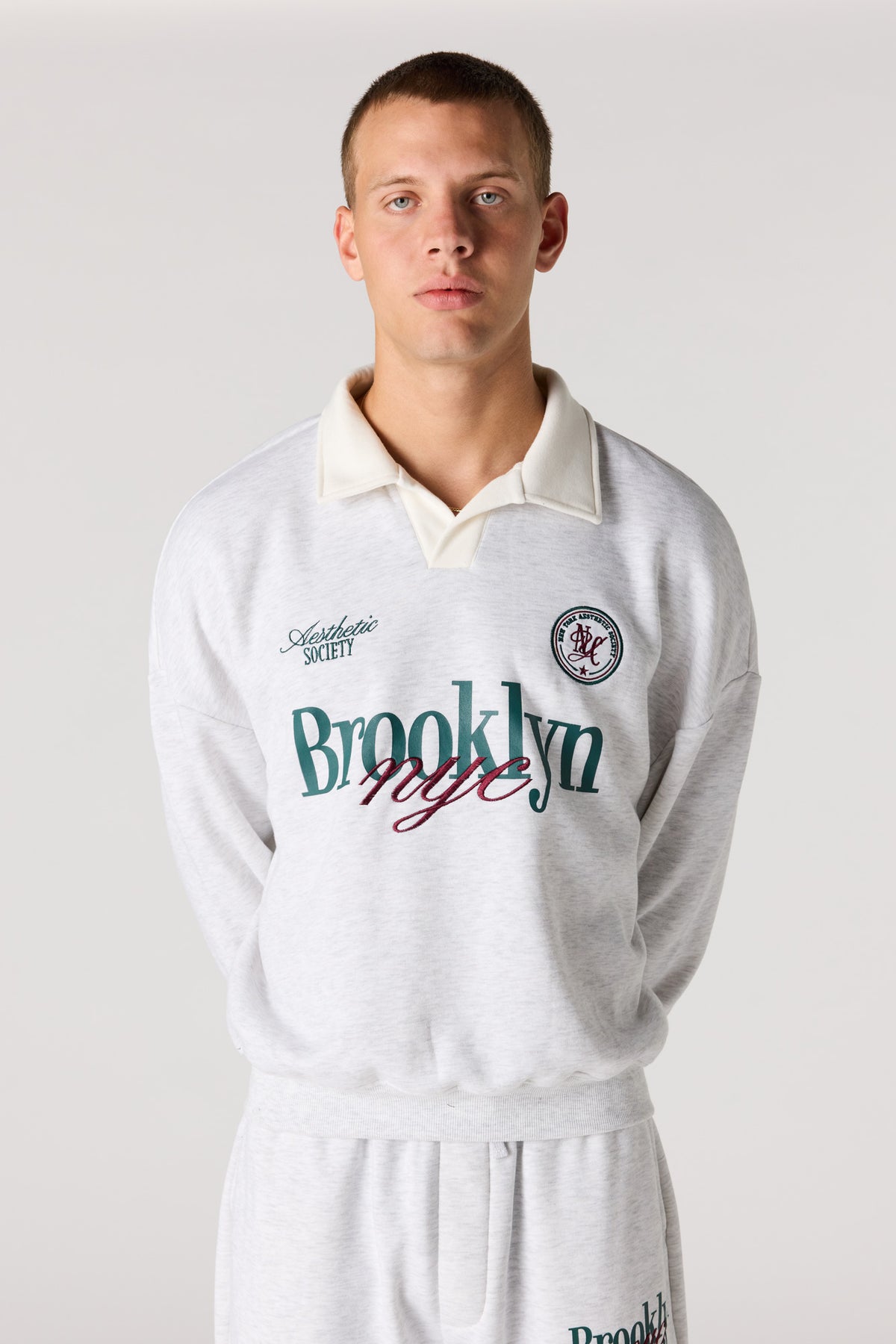 Graphic Long Sleeve Fleece Polo - Light Grey