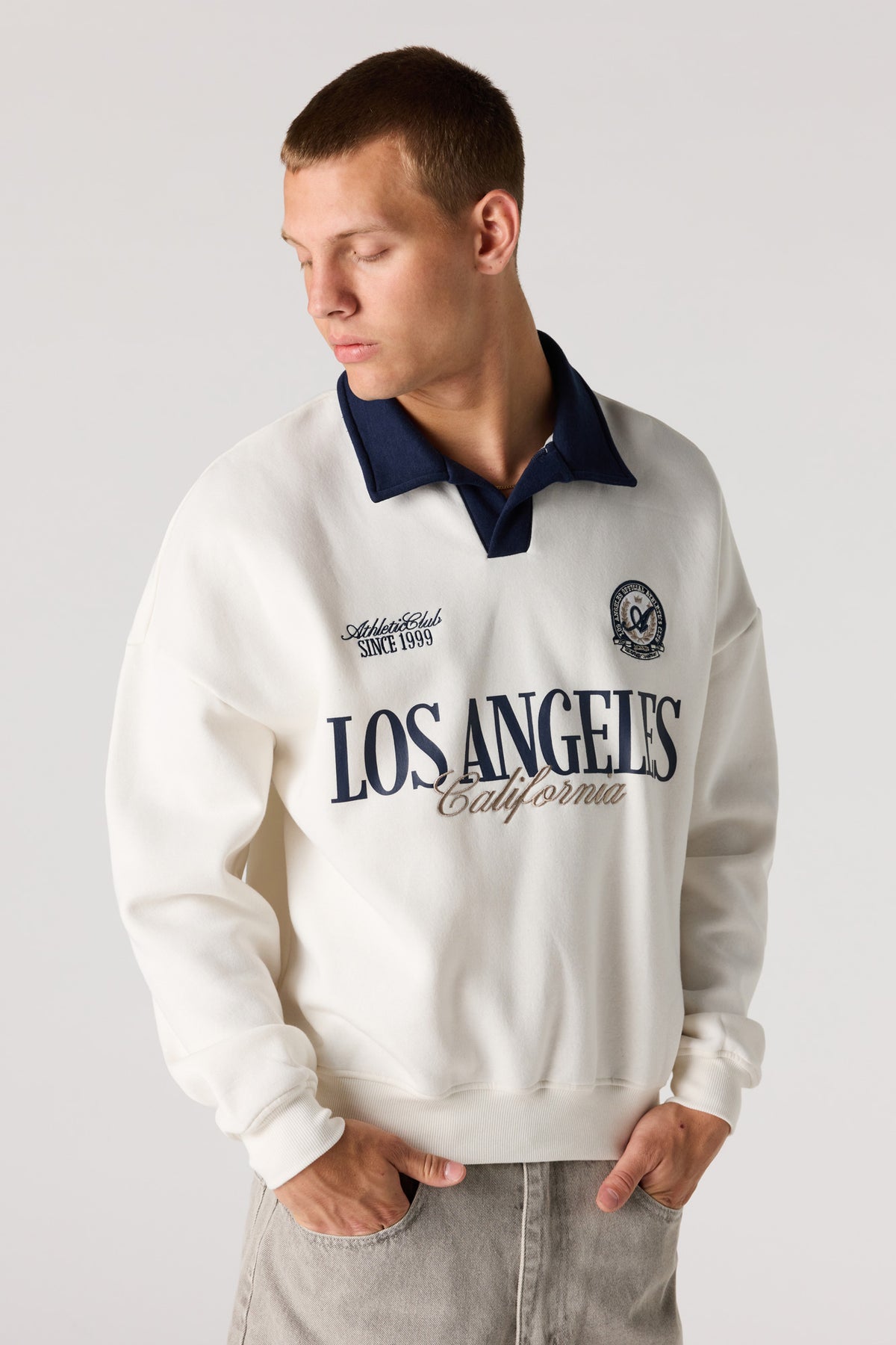 Graphic Long Sleeve Fleece Polo - Off White