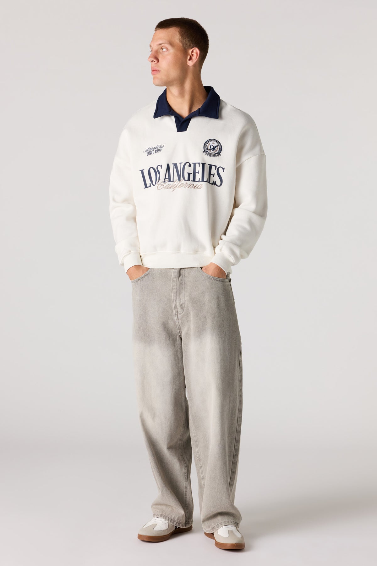 Alt View 3. Graphic Long Sleeve Fleece Polo - Off White
