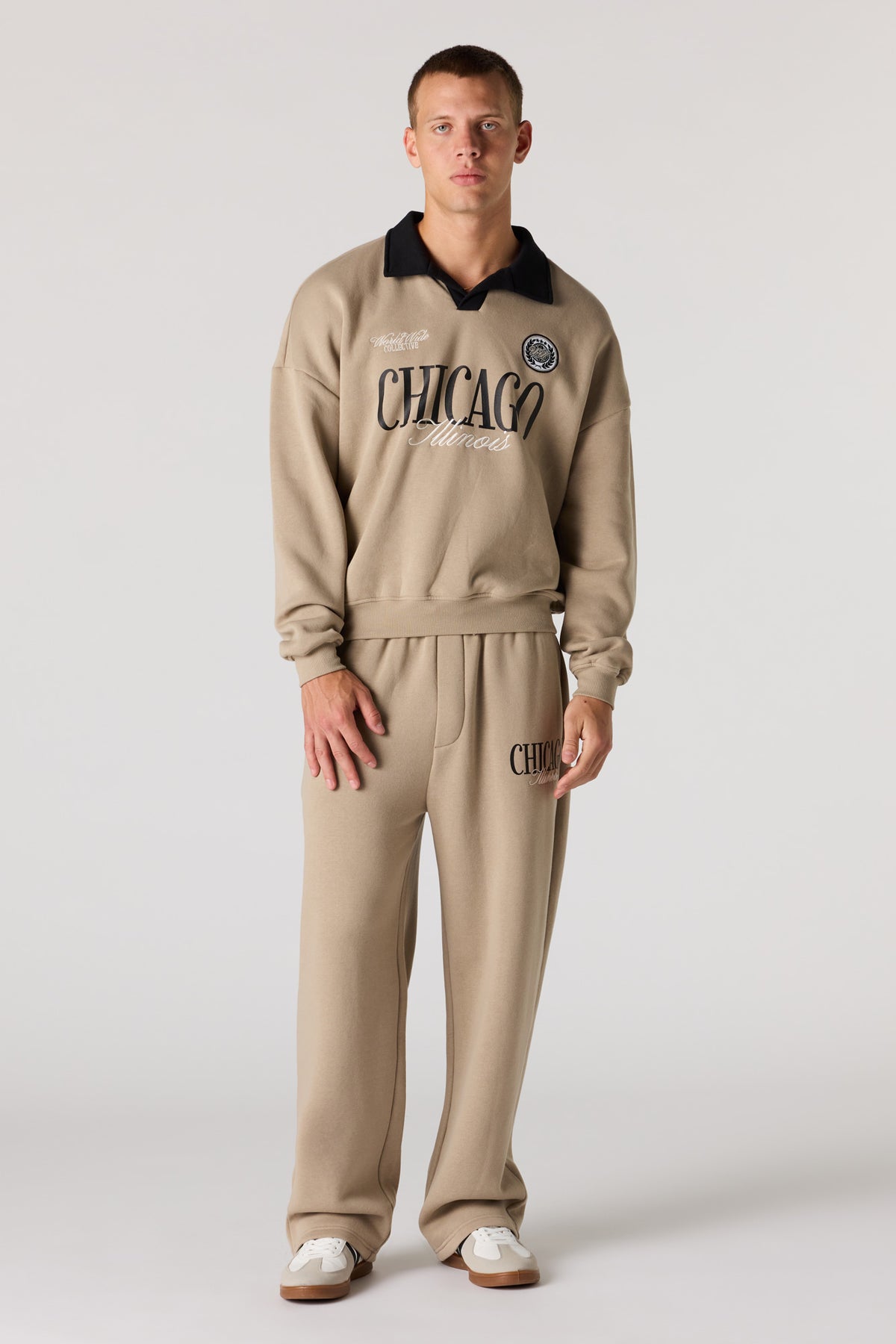 Alt View 3. Graphic Long Sleeve Fleece Polo - Sand