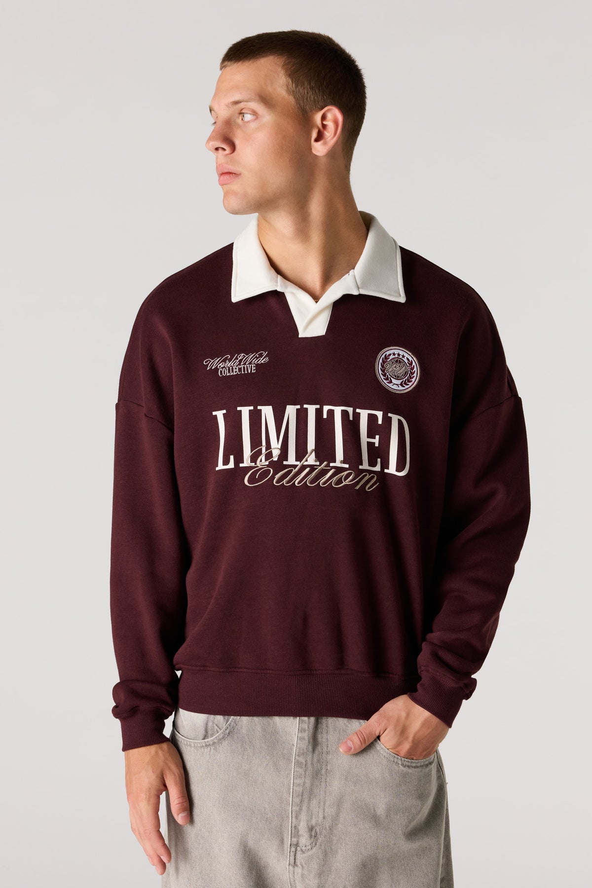 Graphic Long Sleeve Fleece Polo - Dark Brown