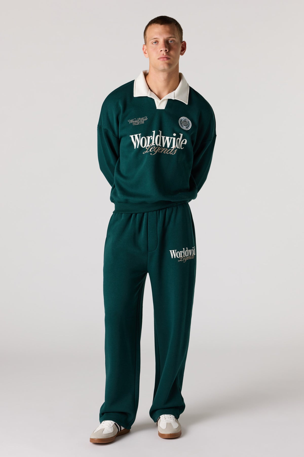 Alt View 3. Graphic Long Sleeve Fleece Polo - Hunter Green