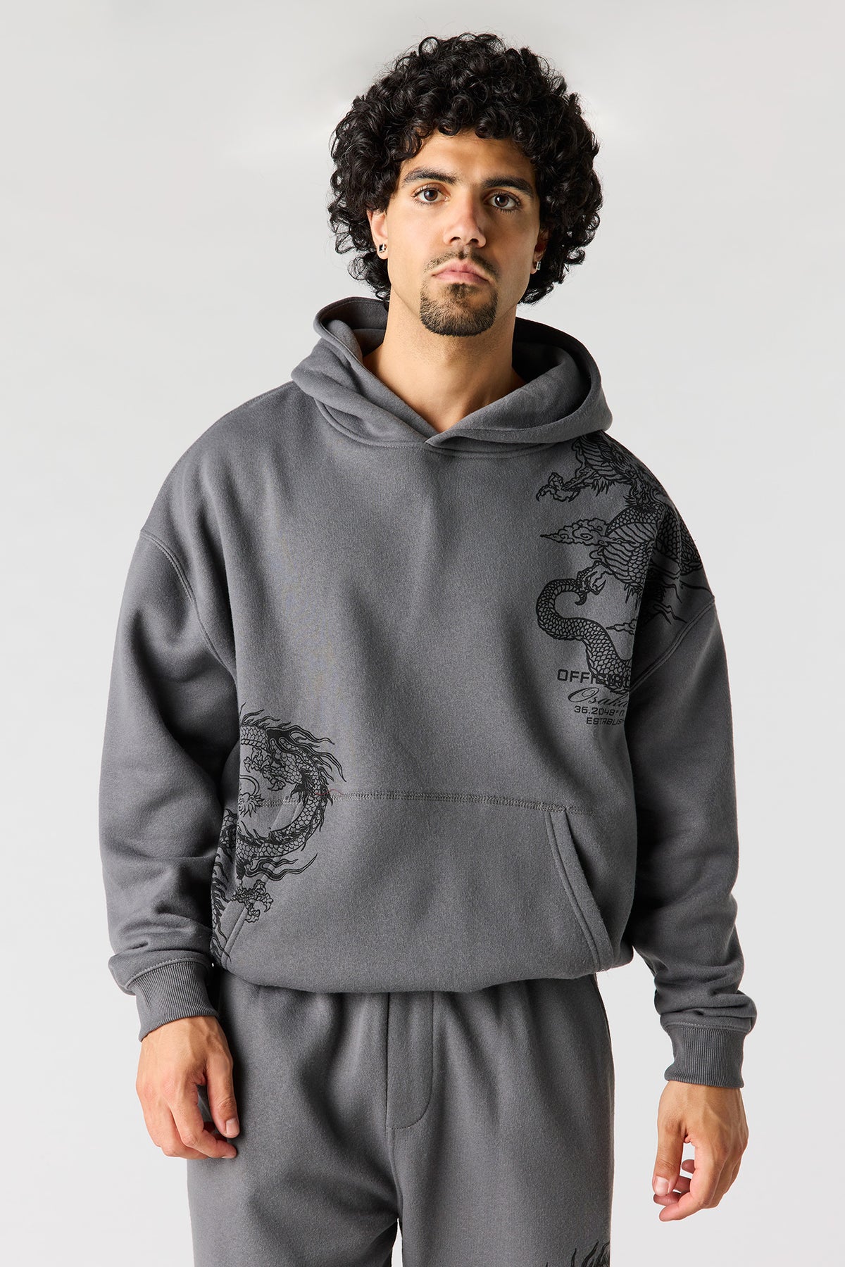 Alt View 2. Graphic Fleece Baggy Hoodie - Dark Grey