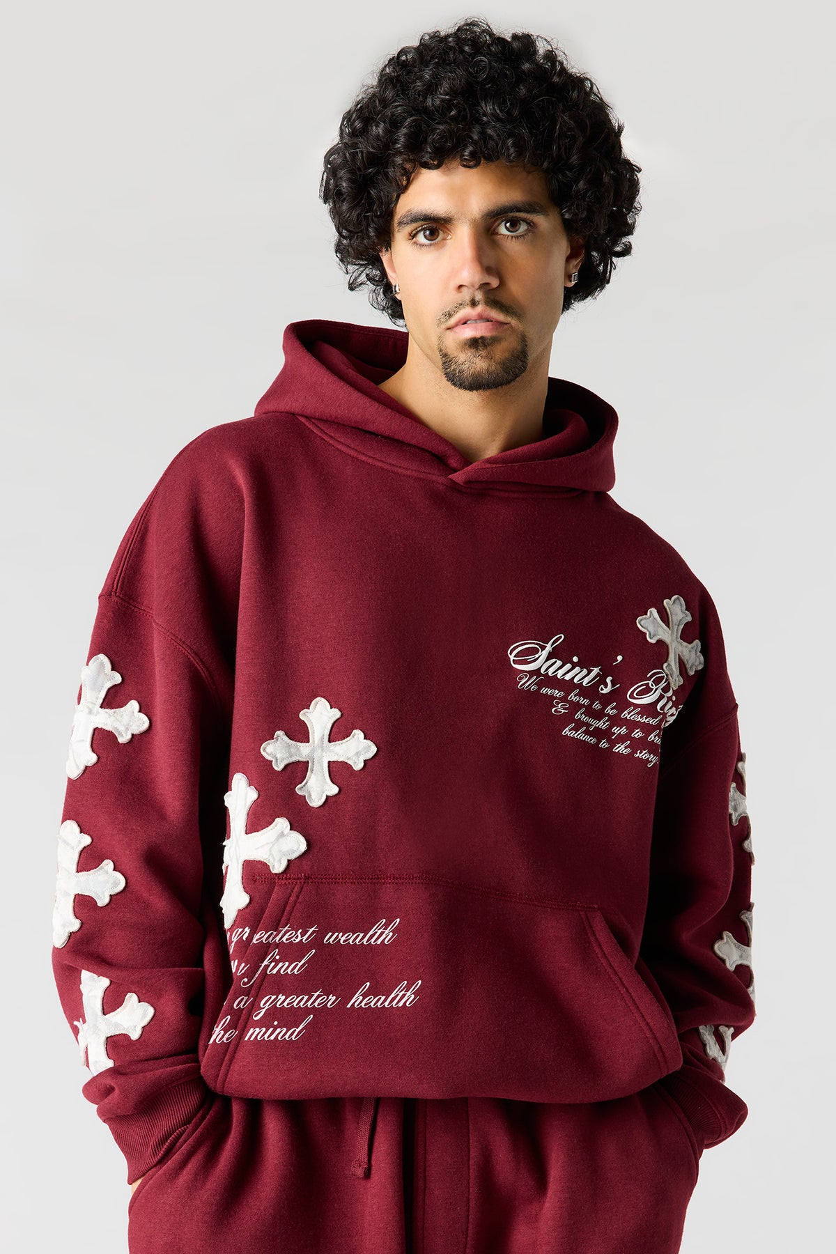 Alt View 2. Graphic Fleece Baggy Hoodie - Burgundy