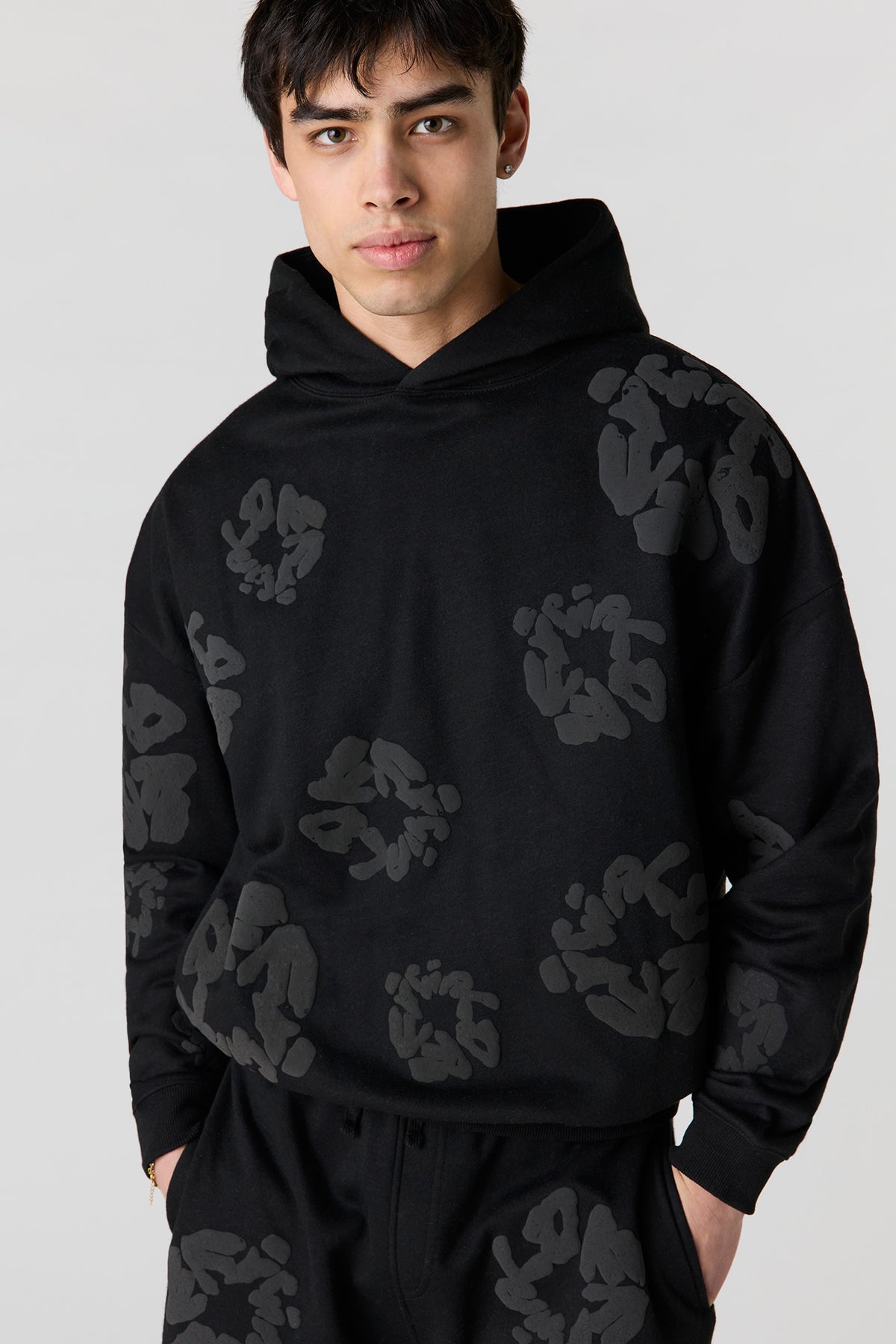 Puff Print Boxy Fleece Hoodie - Black