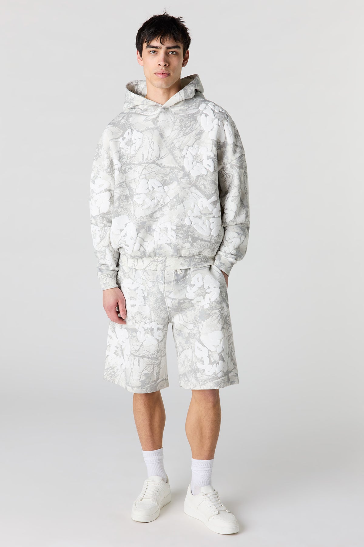 Alt View 3. Puff Print Boxy Fleece Hoodie - Camouflage