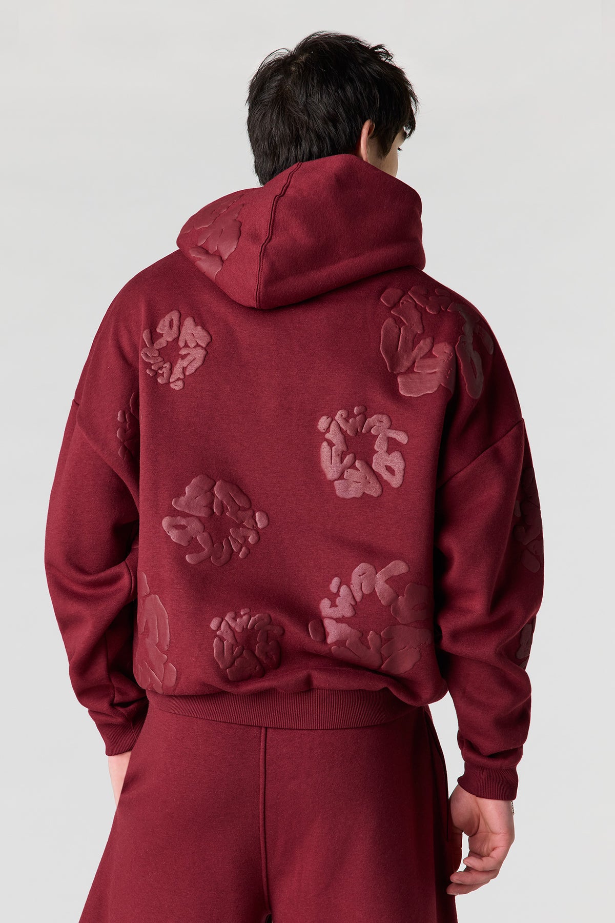 Alt View 2. Puff Print Boxy Fleece Hoodie - Burgundy
