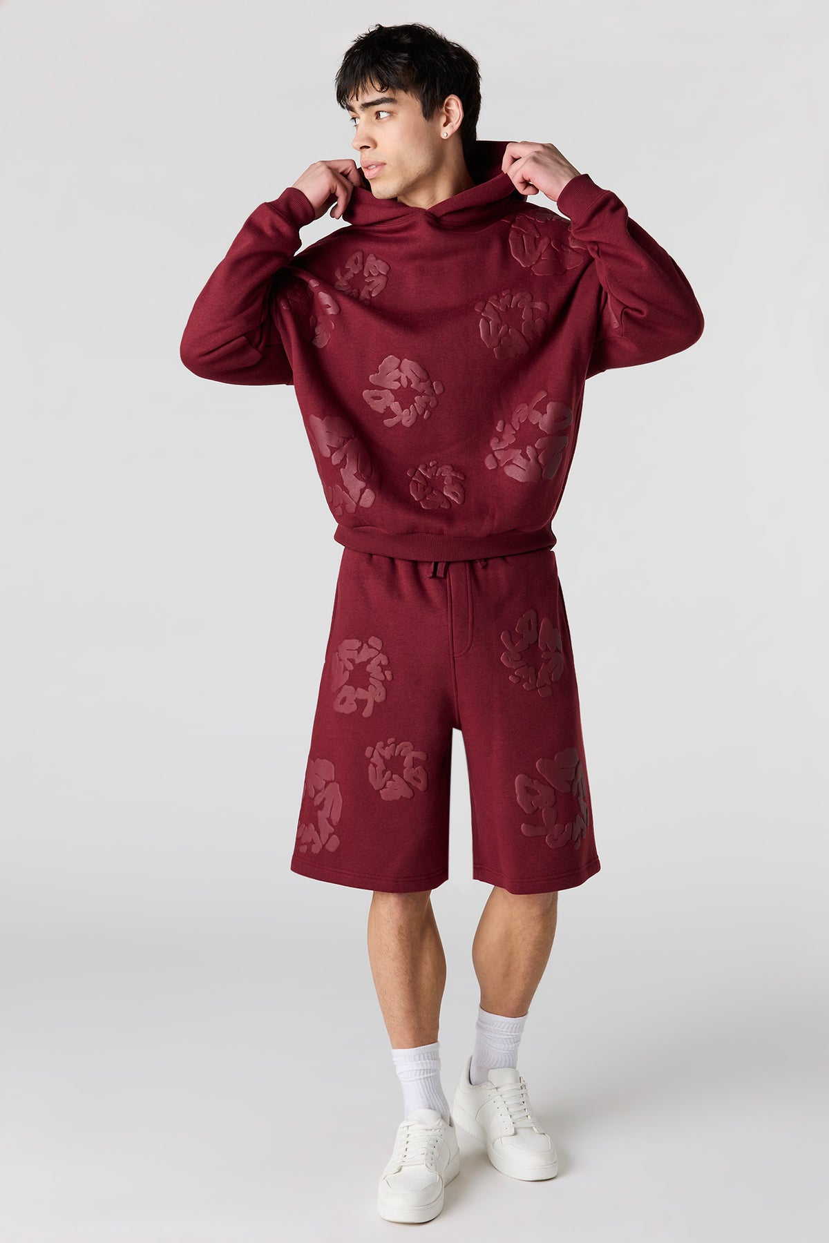 Alt View 3. Puff Print Boxy Fleece Hoodie - Burgundy