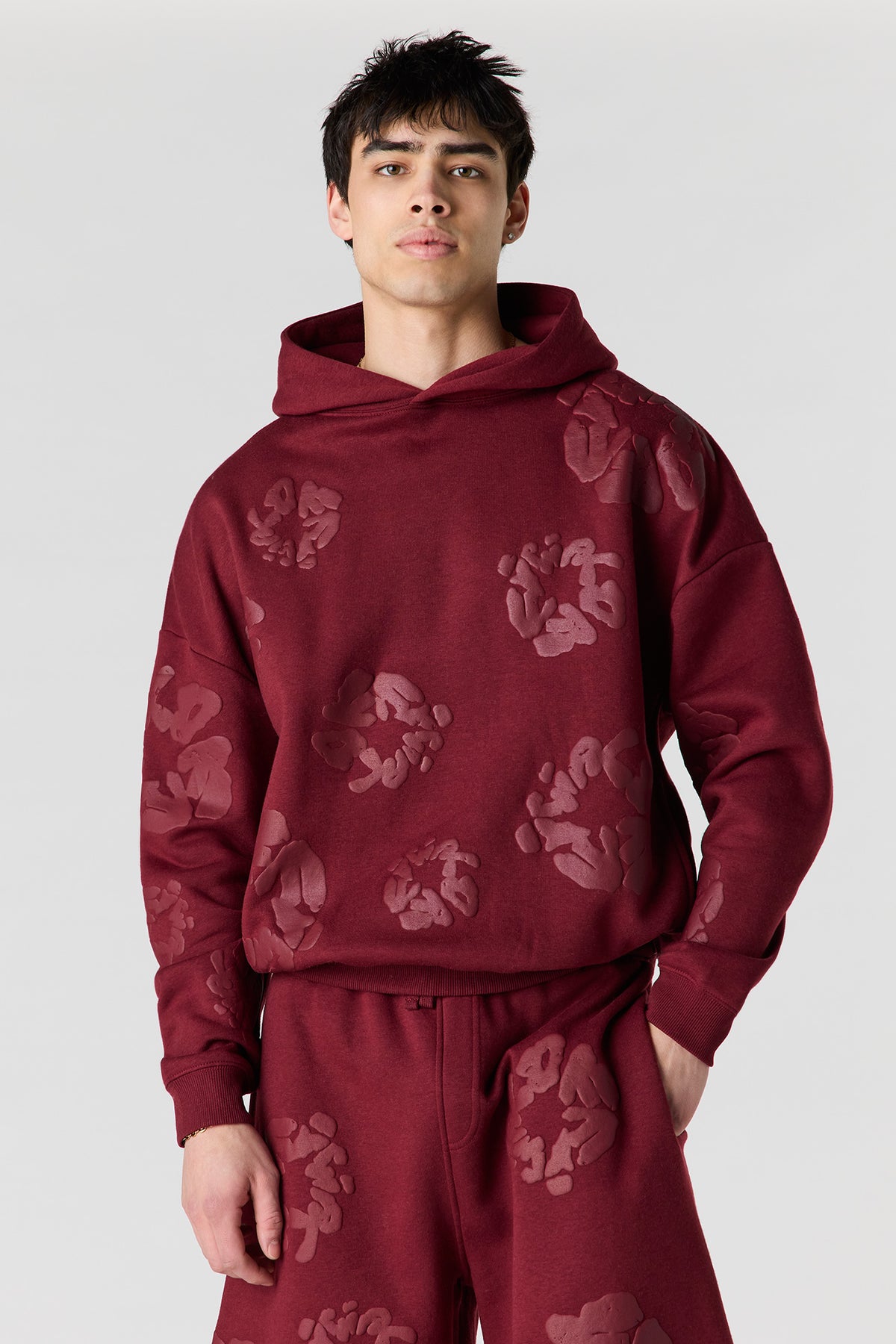Puff Print Boxy Fleece Hoodie - Burgundy