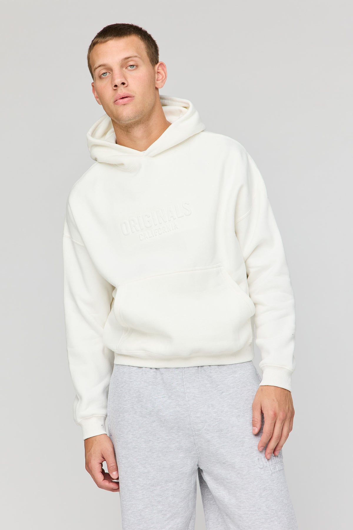 Premium Heavyweight Fleece Embossed Boxy Hoodie - Off White