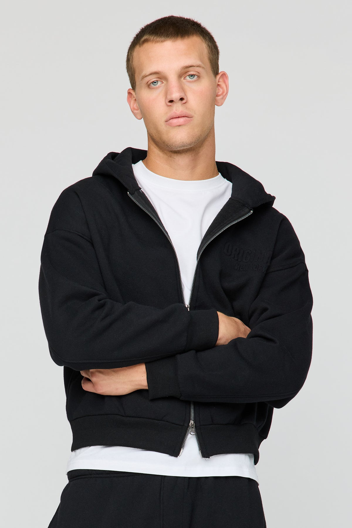 Premium Heavyweight Fleece Embossed Zip Hoodie - Black