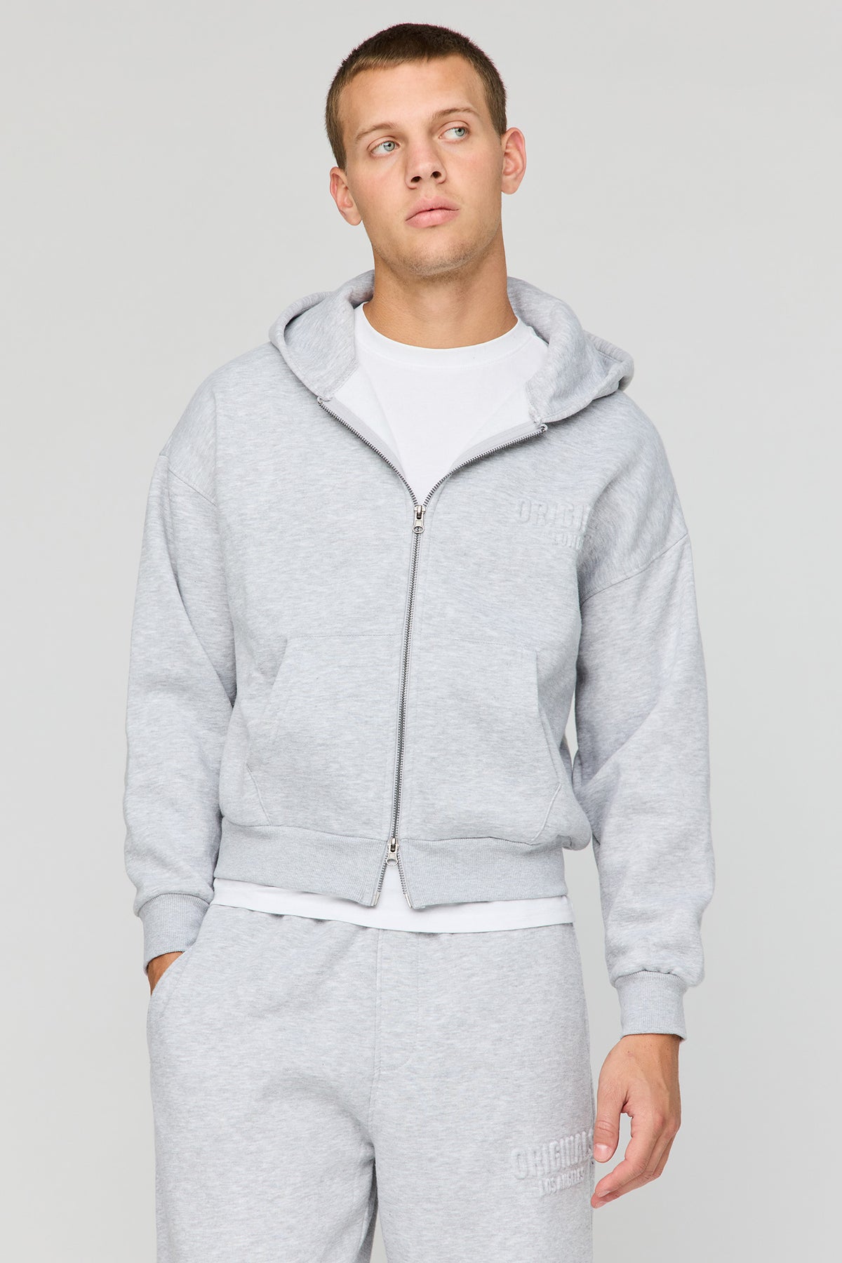 Premium Heavyweight Fleece Embossed Zip Hoodie - Heather Grey