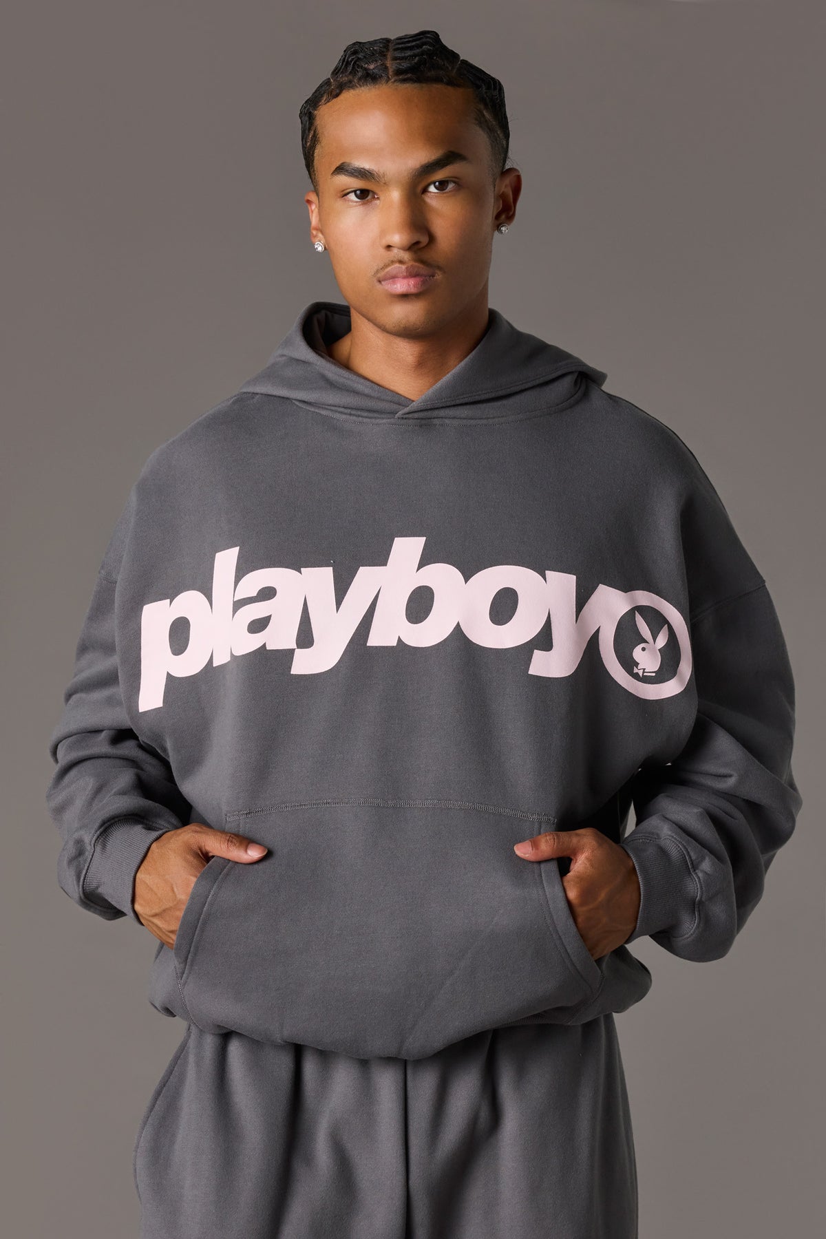Alt View 2. Playboy Graphic Baggy Fleece Hoodie - Dark Grey