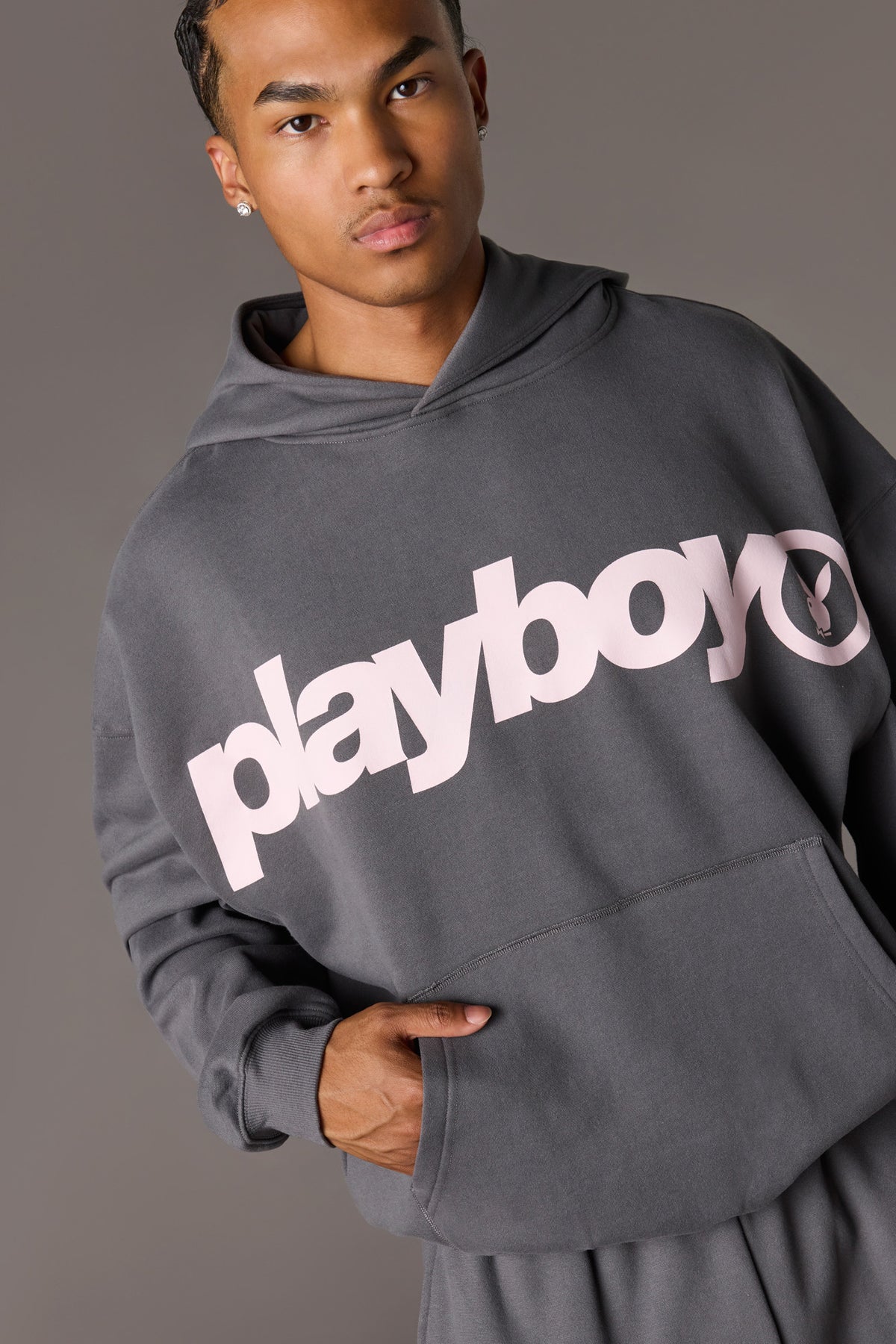 Alt View 4. Playboy Graphic Baggy Fleece Hoodie - Dark Grey