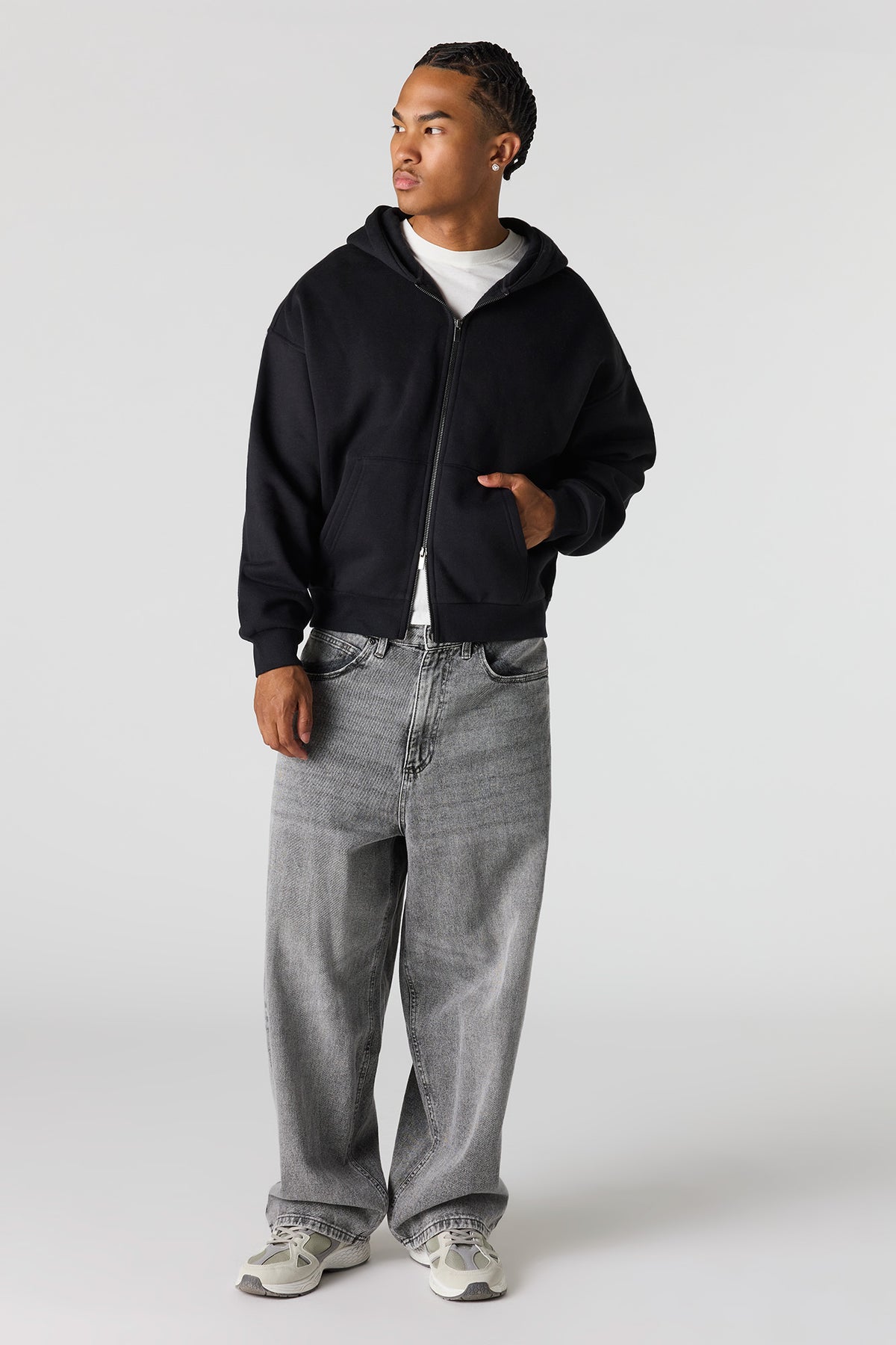 Alt View 3. 2-Way Zip-Up Boxy Feece Hoodie - Black