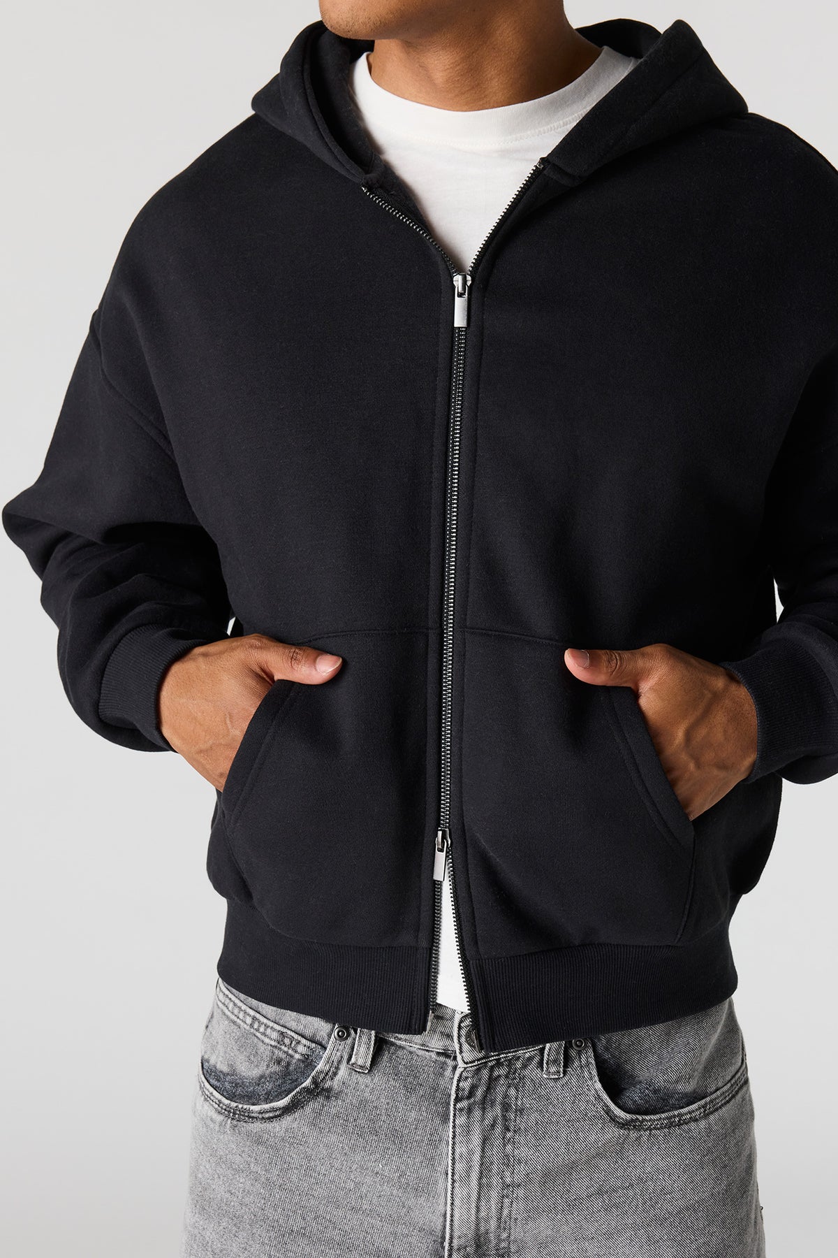 Alt View 4. 2-Way Zip-Up Boxy Feece Hoodie - Black
