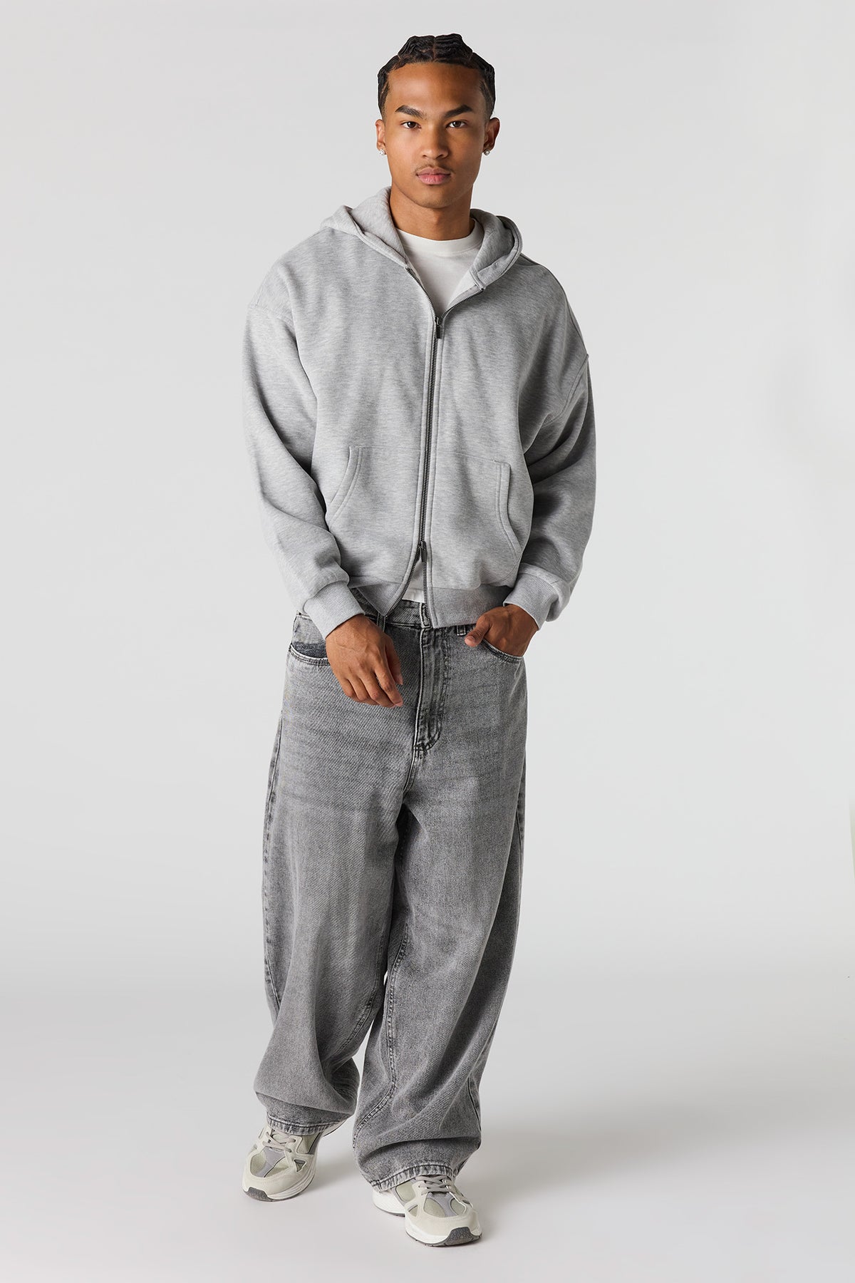 Alt View 3. 2-Way Zip-Up Boxy Feece Hoodie - Heather Grey