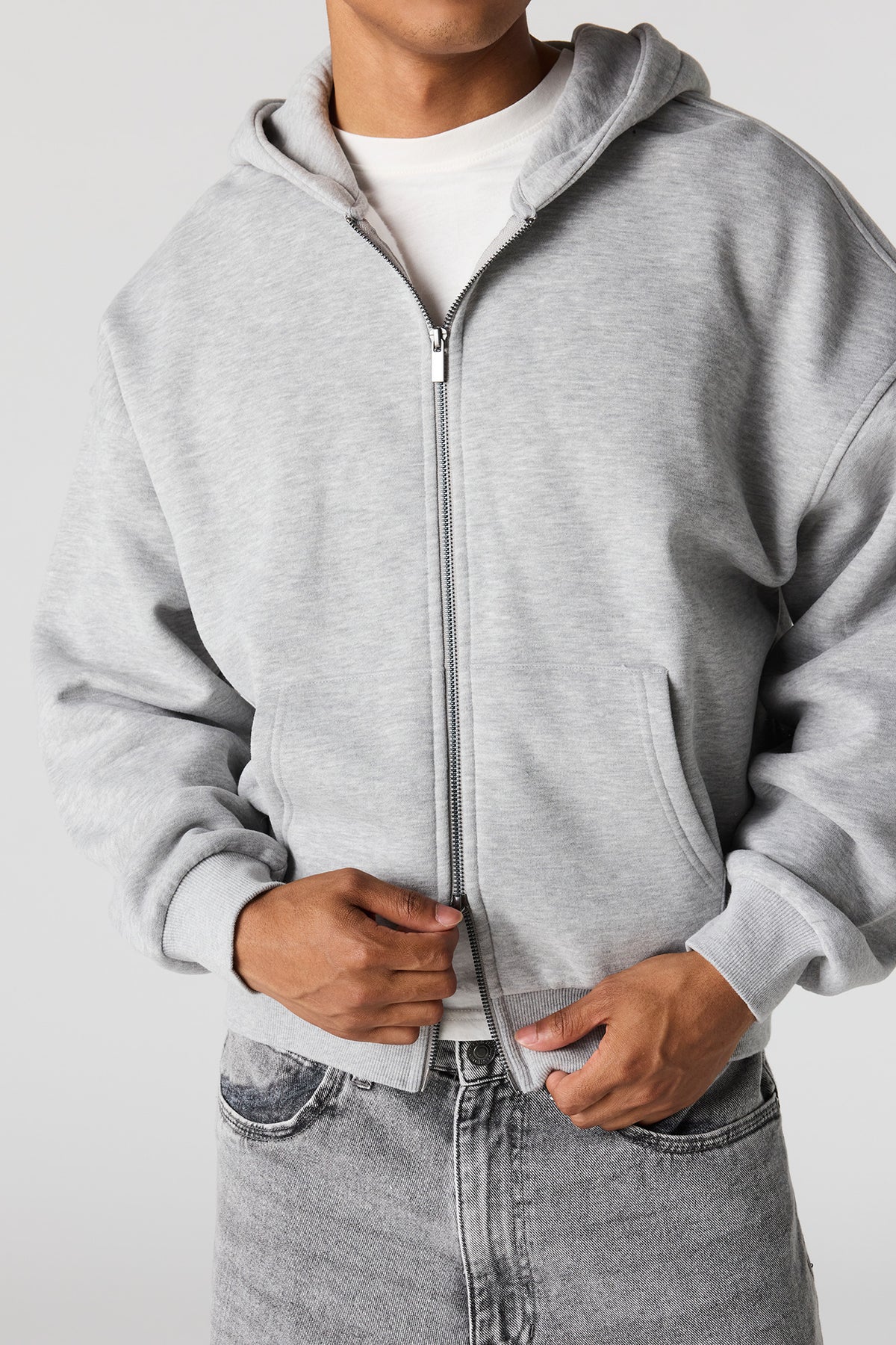 Alt View 4. 2-Way Zip-Up Boxy Feece Hoodie - Heather Grey