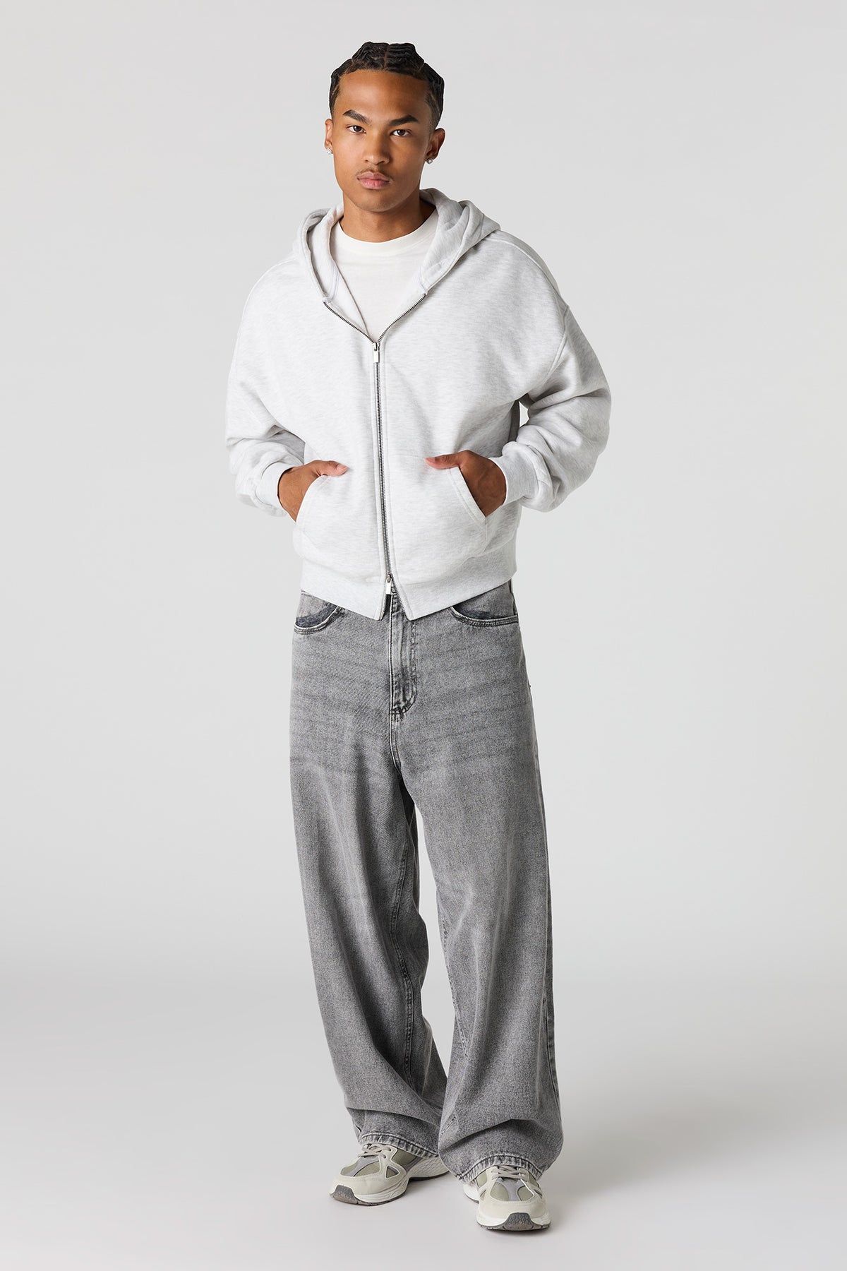 Alt View 3. 2-Way Zip-Up Boxy Feece Hoodie - Light Grey