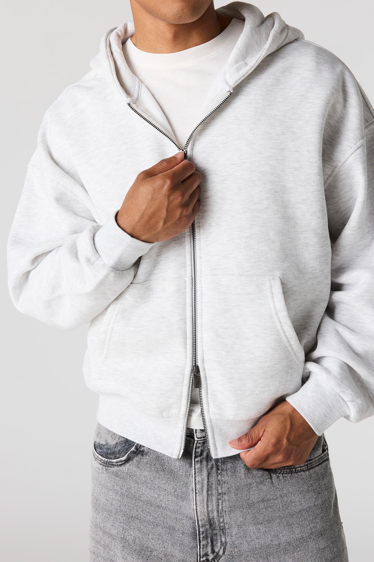 Alt View 4. 2-Way Zip-Up Boxy Feece Hoodie - Light Grey