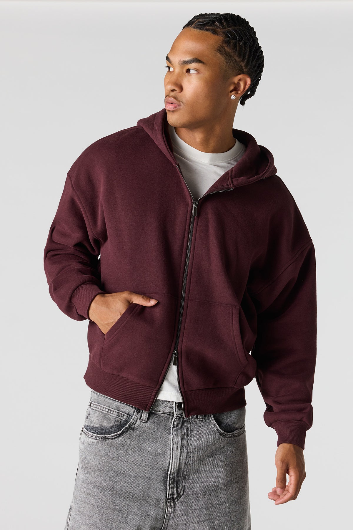 2-Way Zip-Up Boxy Feece Hoodie - Dark Brown