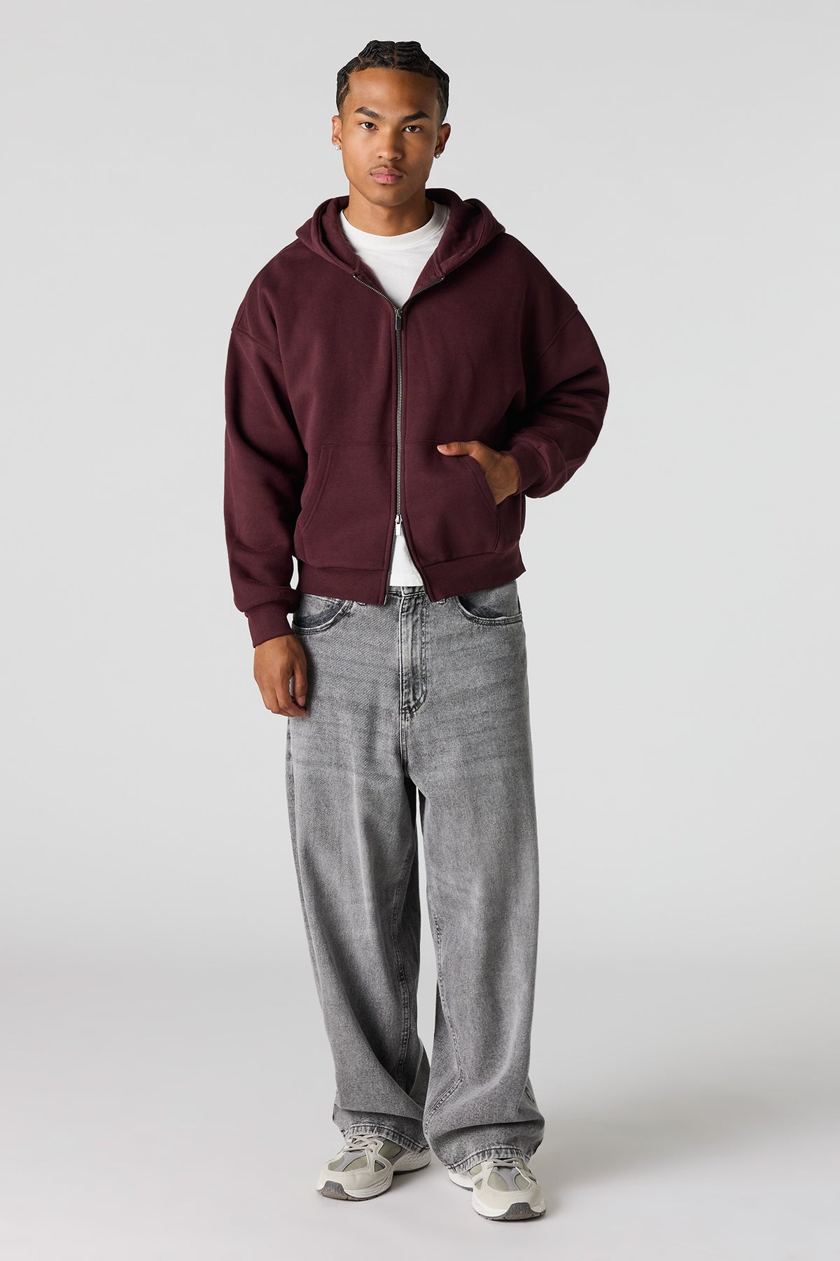 Alt View 3. 2-Way Zip-Up Boxy Feece Hoodie - Dark Brown