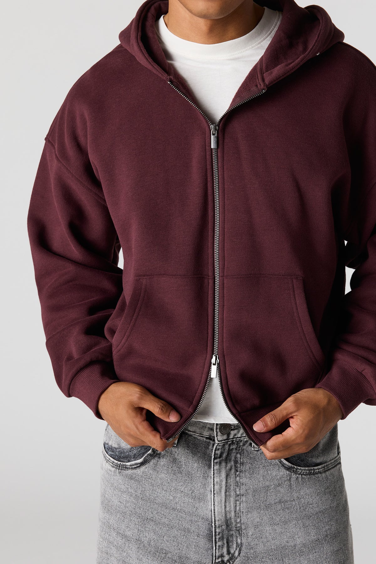 Alt View 4. 2-Way Zip-Up Boxy Feece Hoodie - Dark Brown