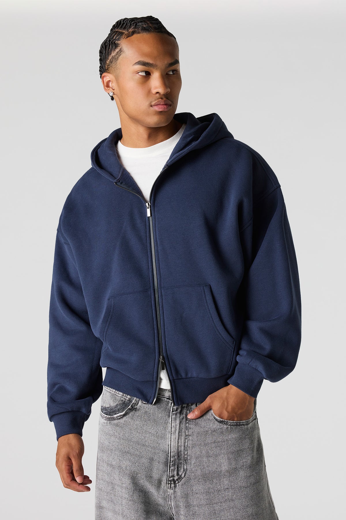 2-Way Zip-Up Boxy Feece Hoodie - Navy