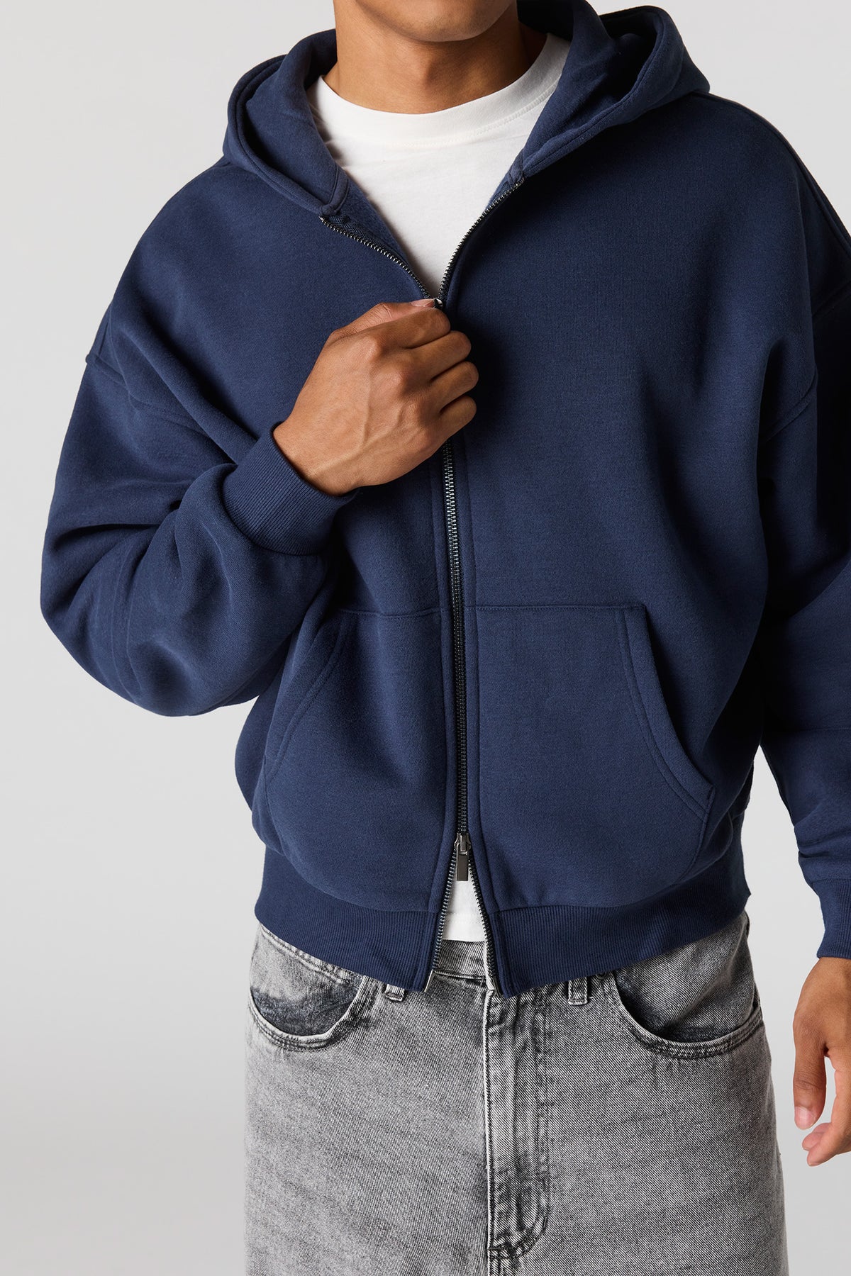 Alt View 4. 2-Way Zip-Up Boxy Feece Hoodie - Navy