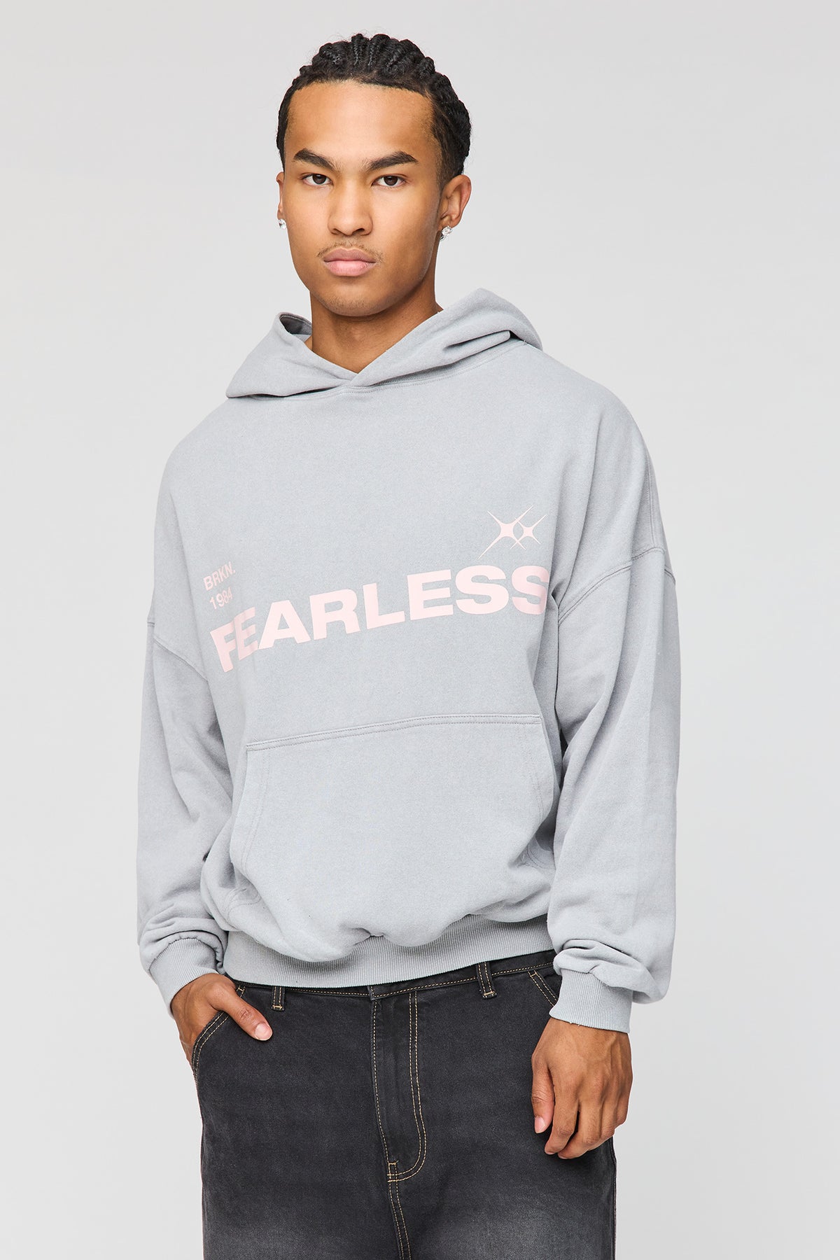 Premium Heavyweight Washed Graphic Boxy Hoodie - Light Grey