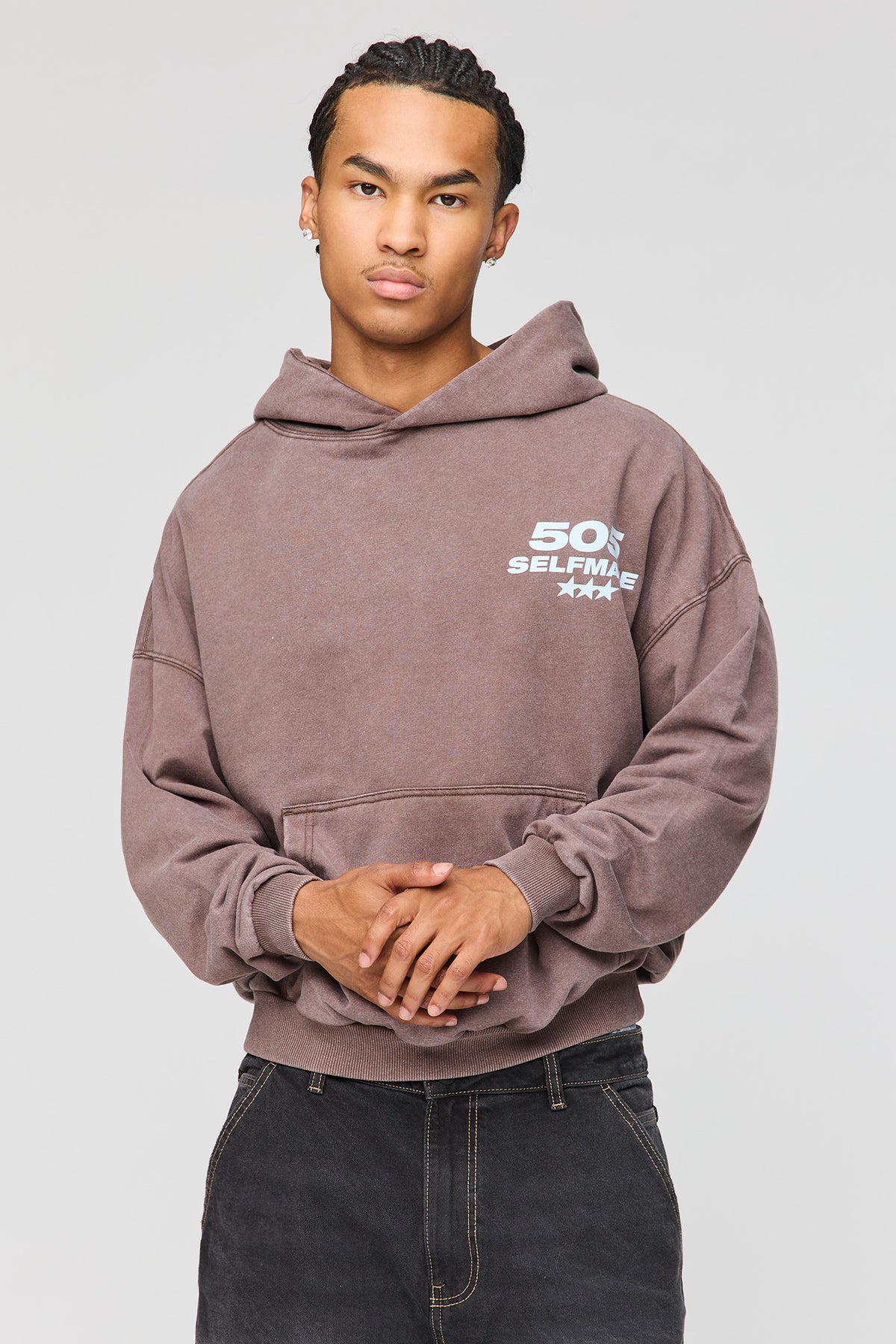 Premium Heavyweight Washed Graphic Boxy Hoodie - Dark Brown