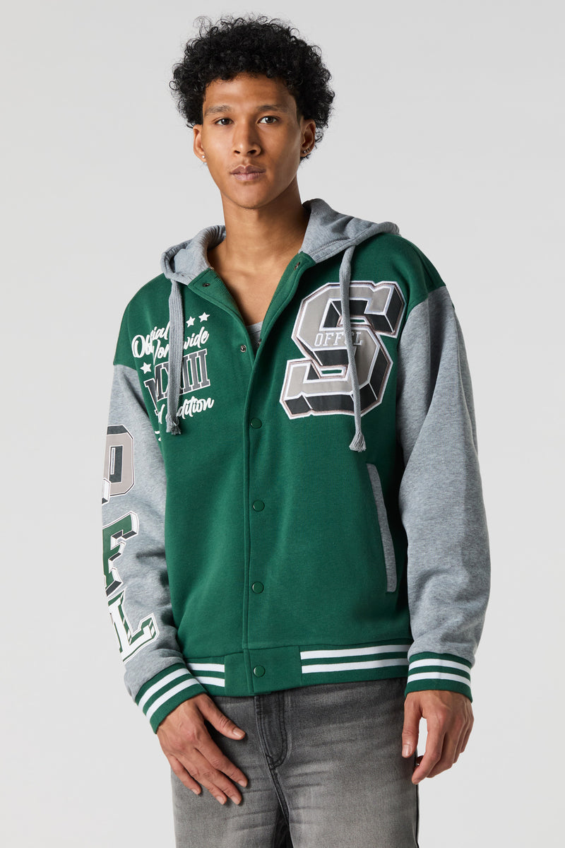 S Twill Embroidered Graphic Fleece Varsity Jacket