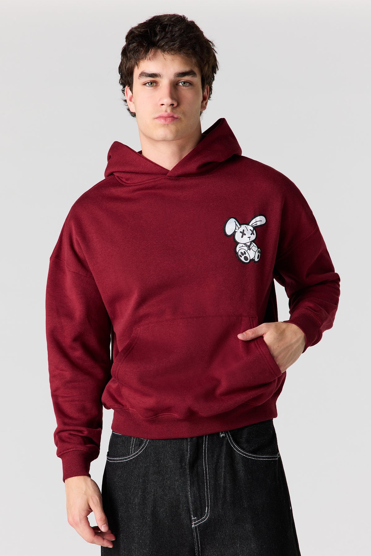 Graphic Fleece Boxy Hoodie - Burgundy