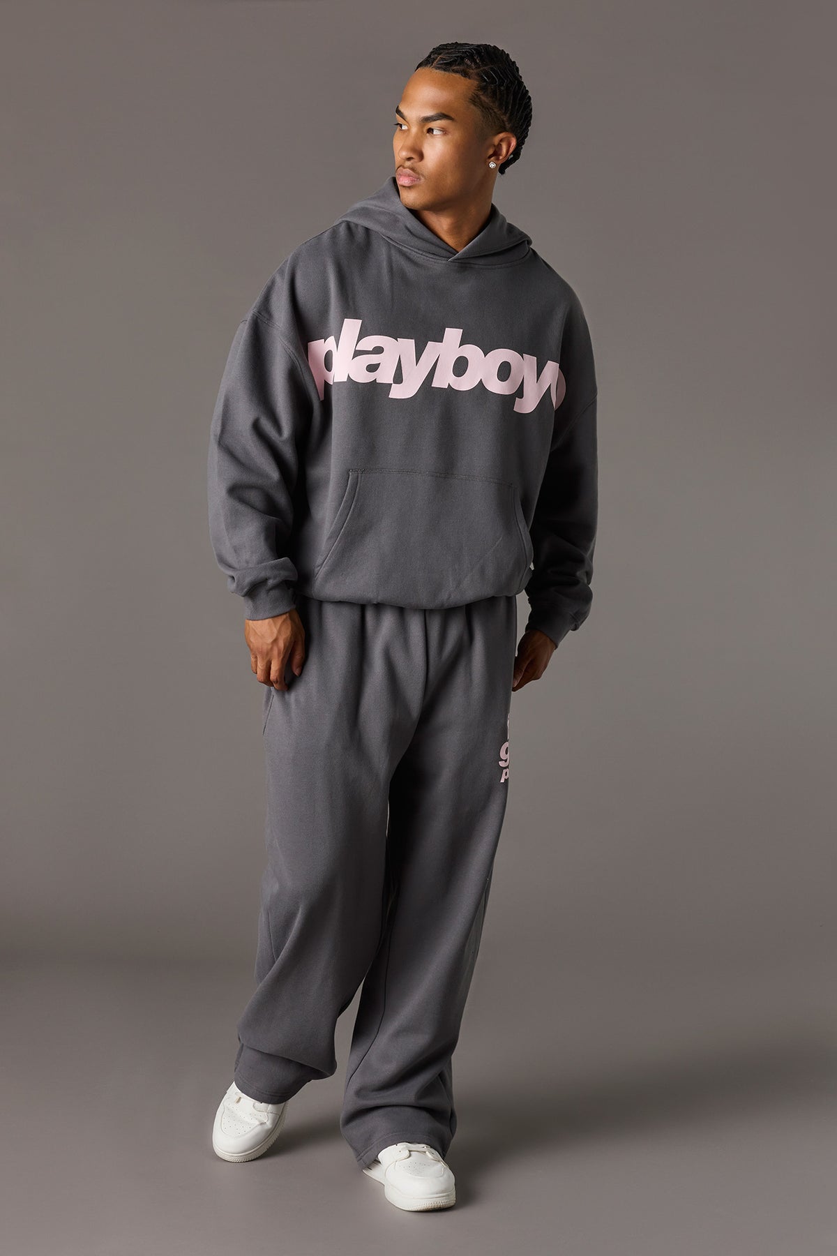 Alt View 2. Playboy Graphic Wide Leg Fleece Sweatpant - Dark Grey