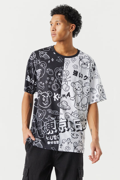 T-shirt avec blocs de couleurs et imprimé Teddy en graffitis