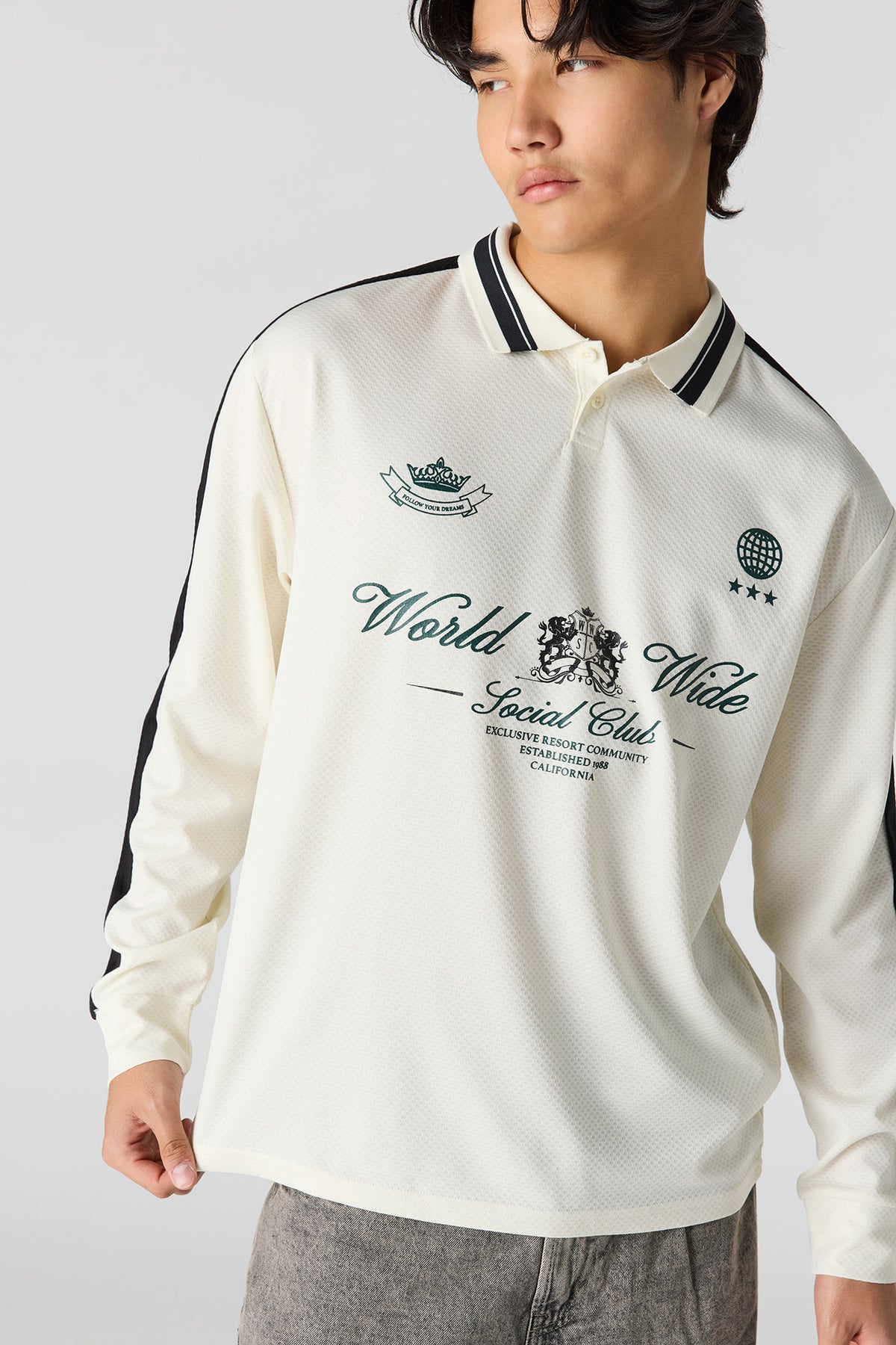 Alt View 4. Textured Graphic Long Sleeve Polo - White