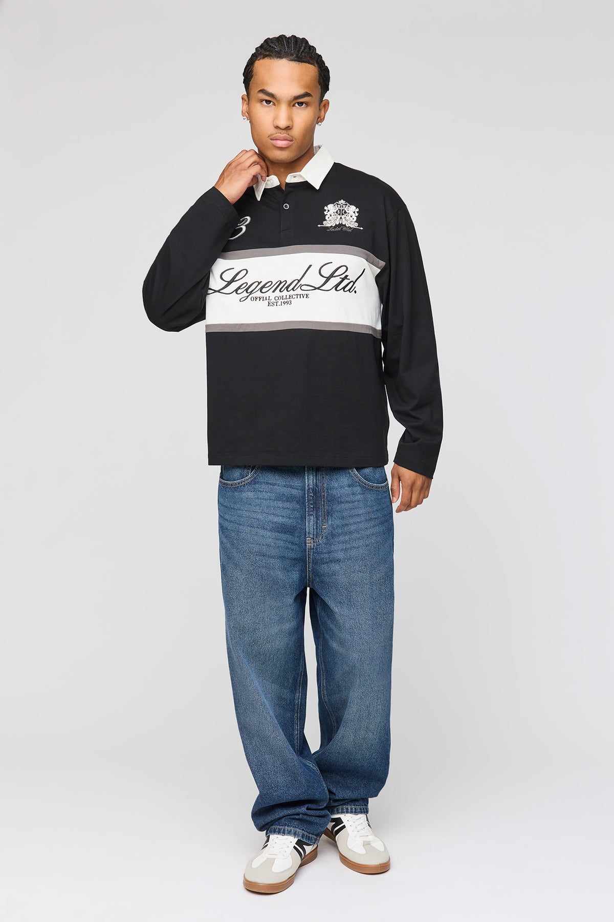 Alt View 3. Embroidered Colour Block Long Sleeve Polo Shirt - Black