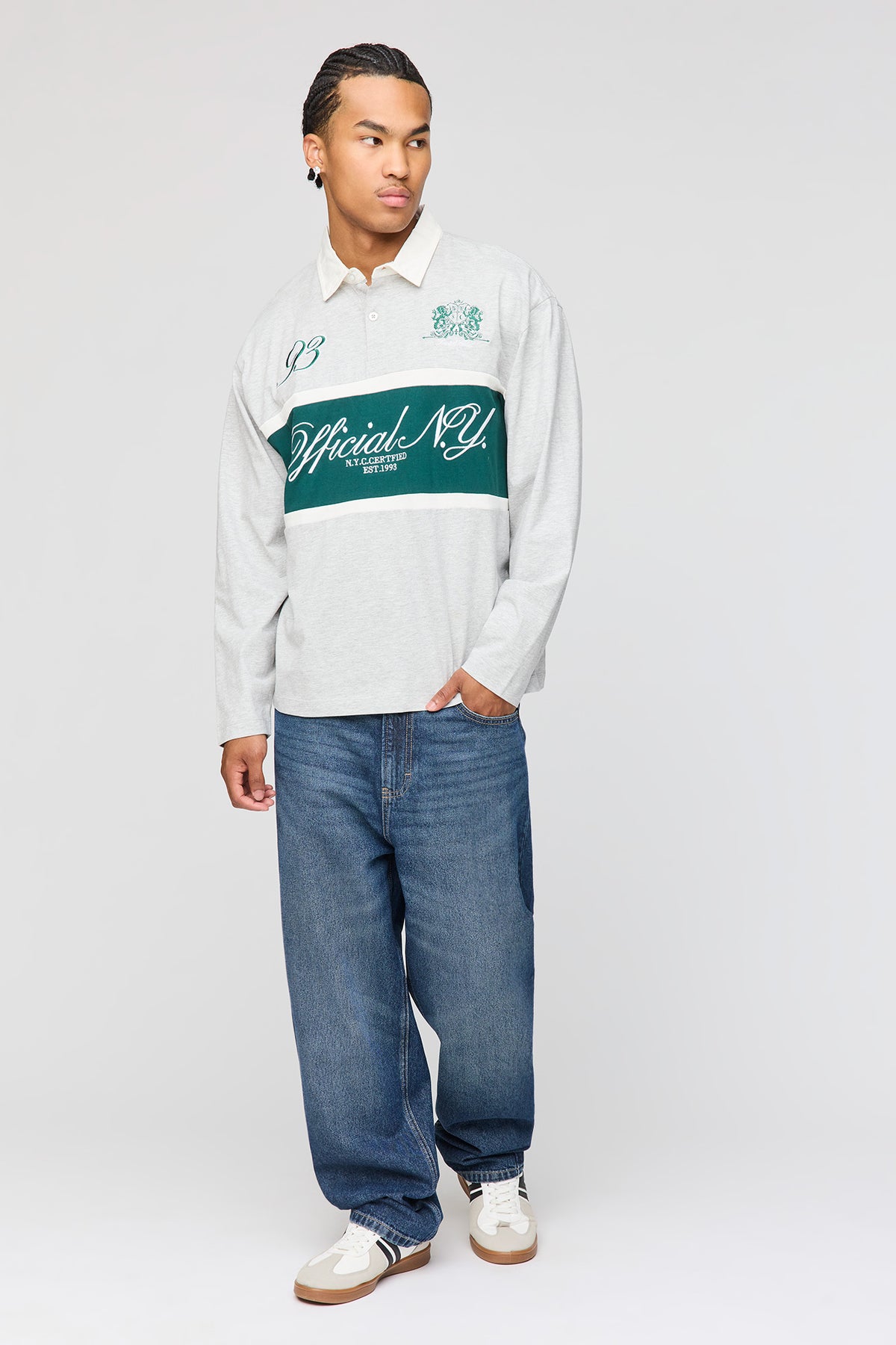 Alt View 3. Embroidered Colour Block Long Sleeve Polo Shirt - Heather Grey