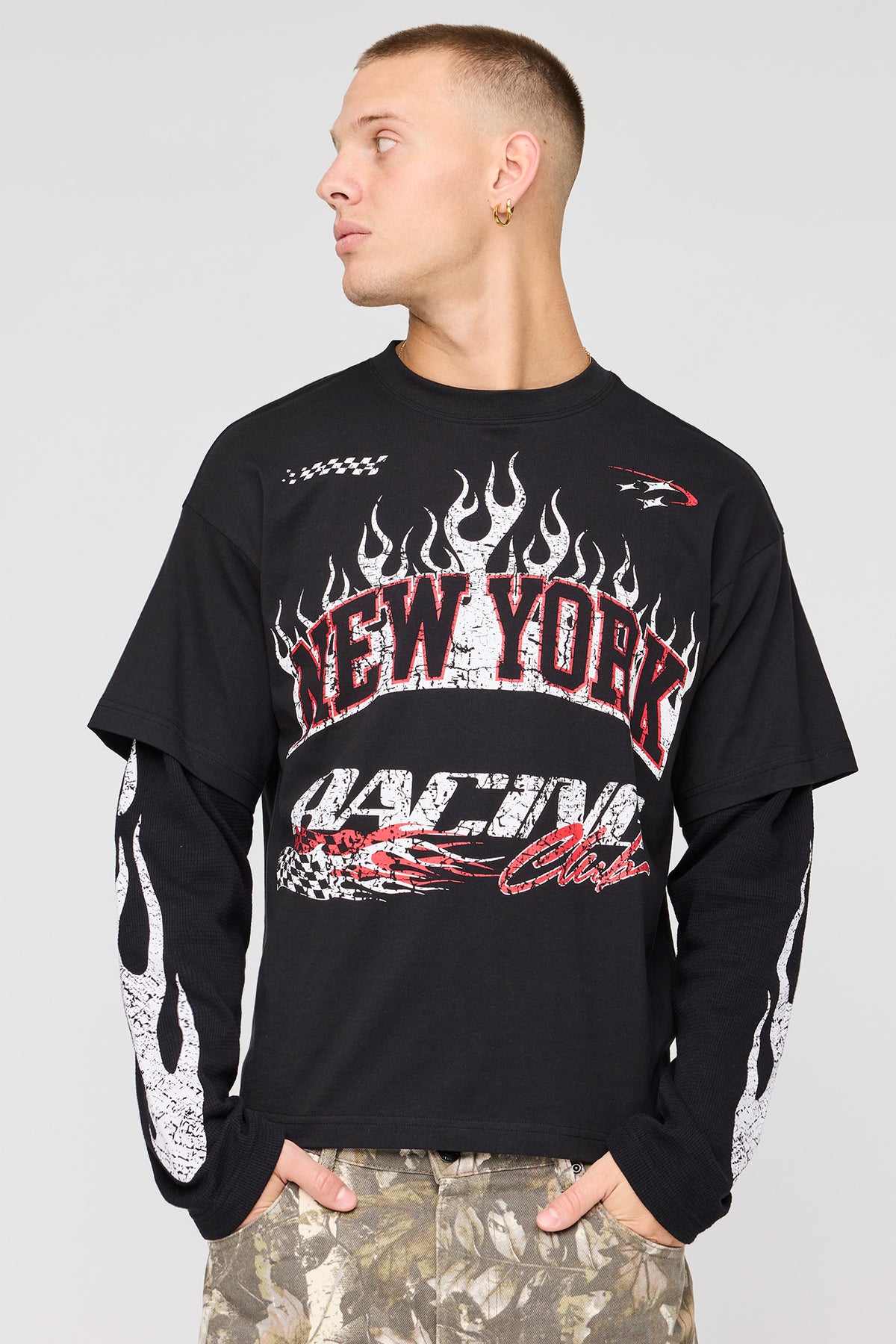 Layered Twofer Graphic Long Sleeve Top - Black