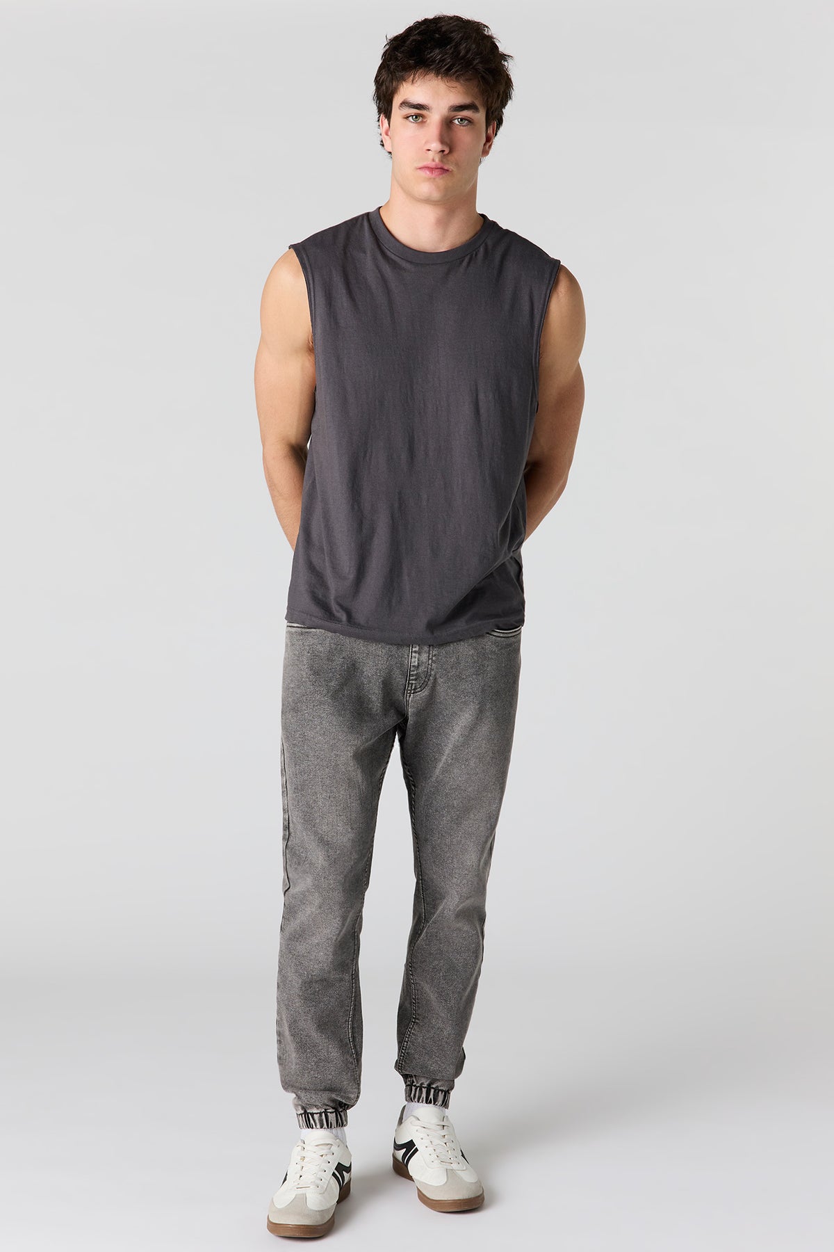 Alt View 2. Drawstring Denim Jogger - Light Grey