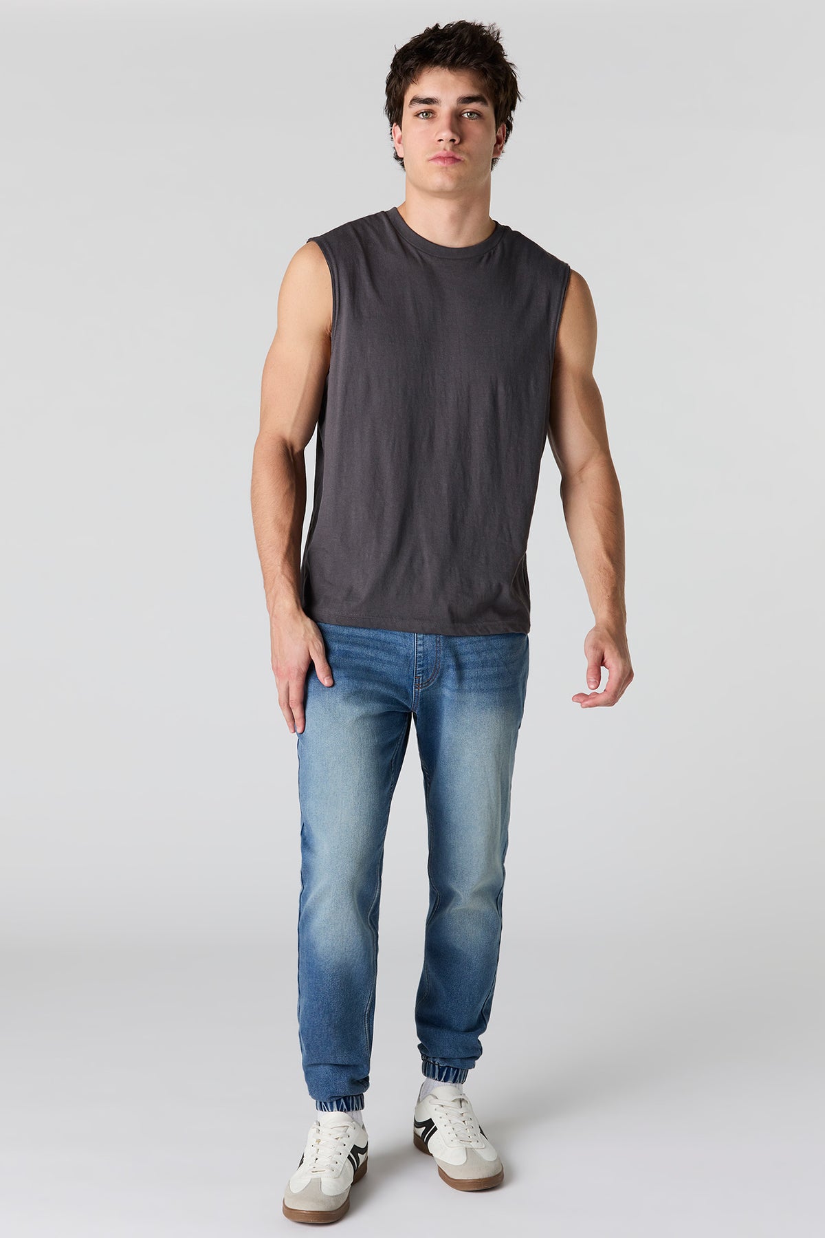 Alt View 2. Drawstring Denim Jogger - Medium Blue