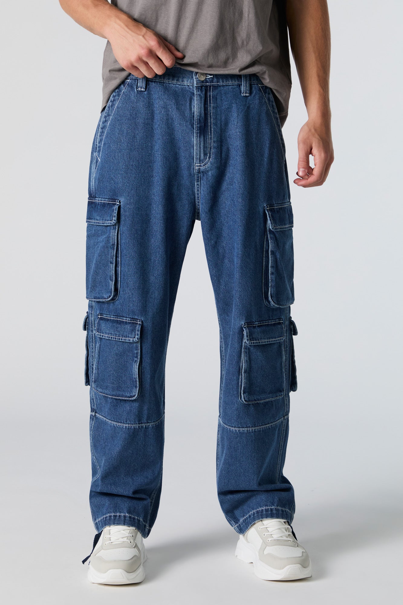 Jean cargo ample rigide avec poches multiples