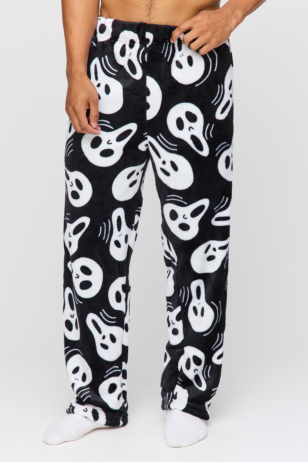 Halloween Print Plush Pajama Pant - Black with White