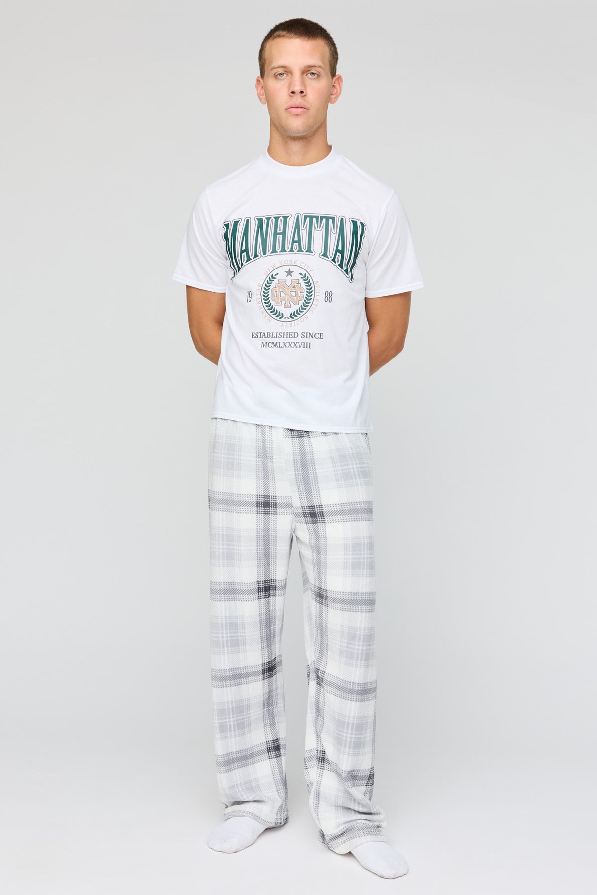 Graphic T-Shirt & Plush Plaid Pant Pajama Set - White