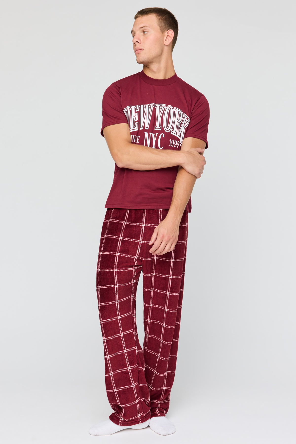 Graphic T-Shirt & Plush Plaid Pant Pajama Set - Burgundy