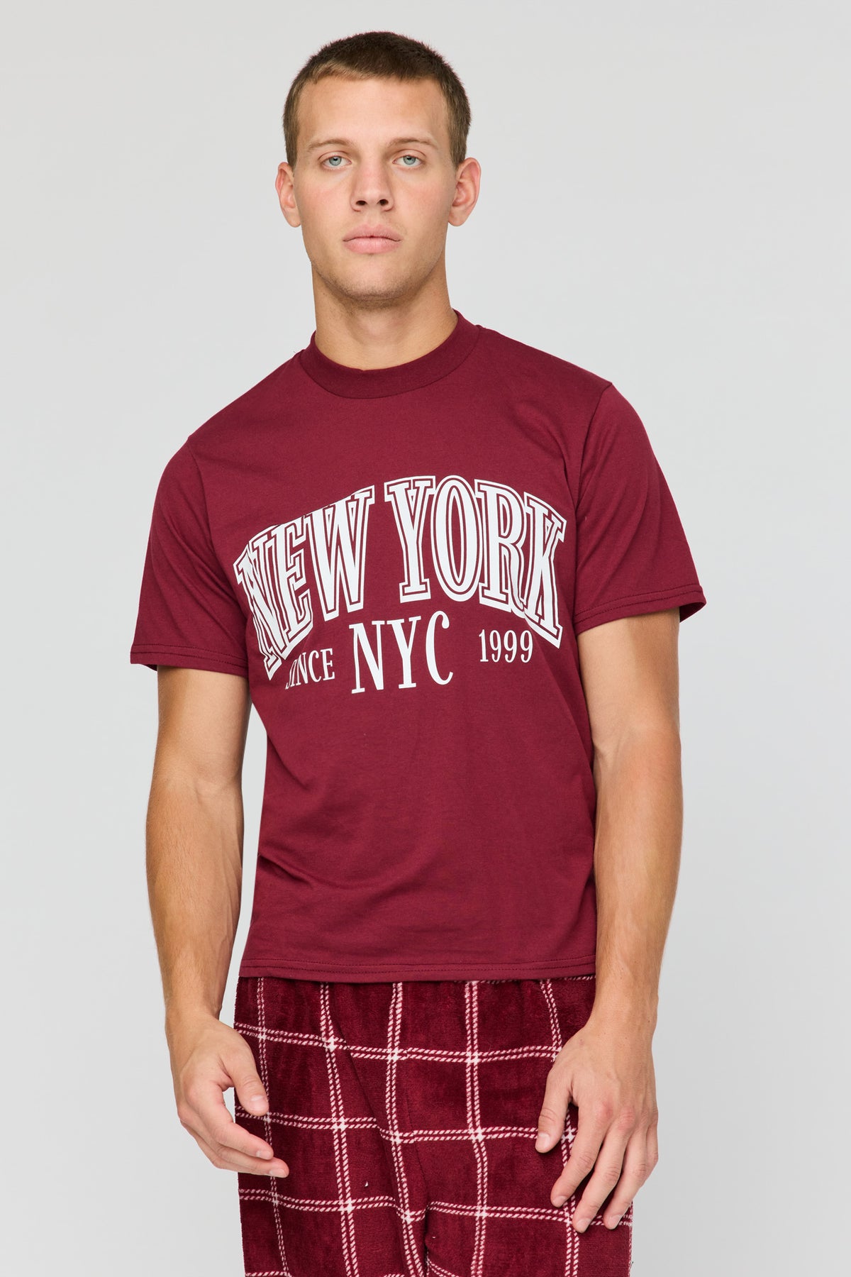 Alt View 2. Graphic T-Shirt & Plush Plaid Pant Pajama Set - Burgundy