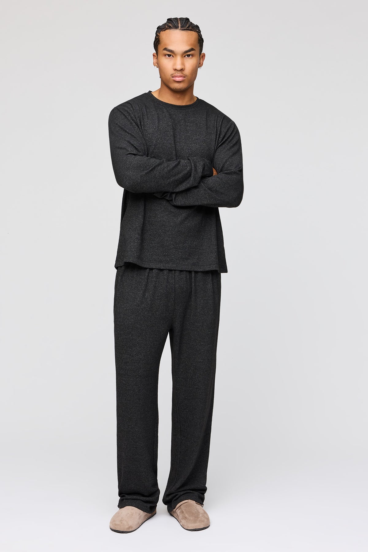 Knit Long Sleeve Top & Pant Pajama Set - Charcoal