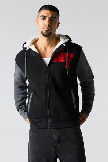 Chenille Embroidered Faux Fur Lined Zip Up Hoodie Urban Planet