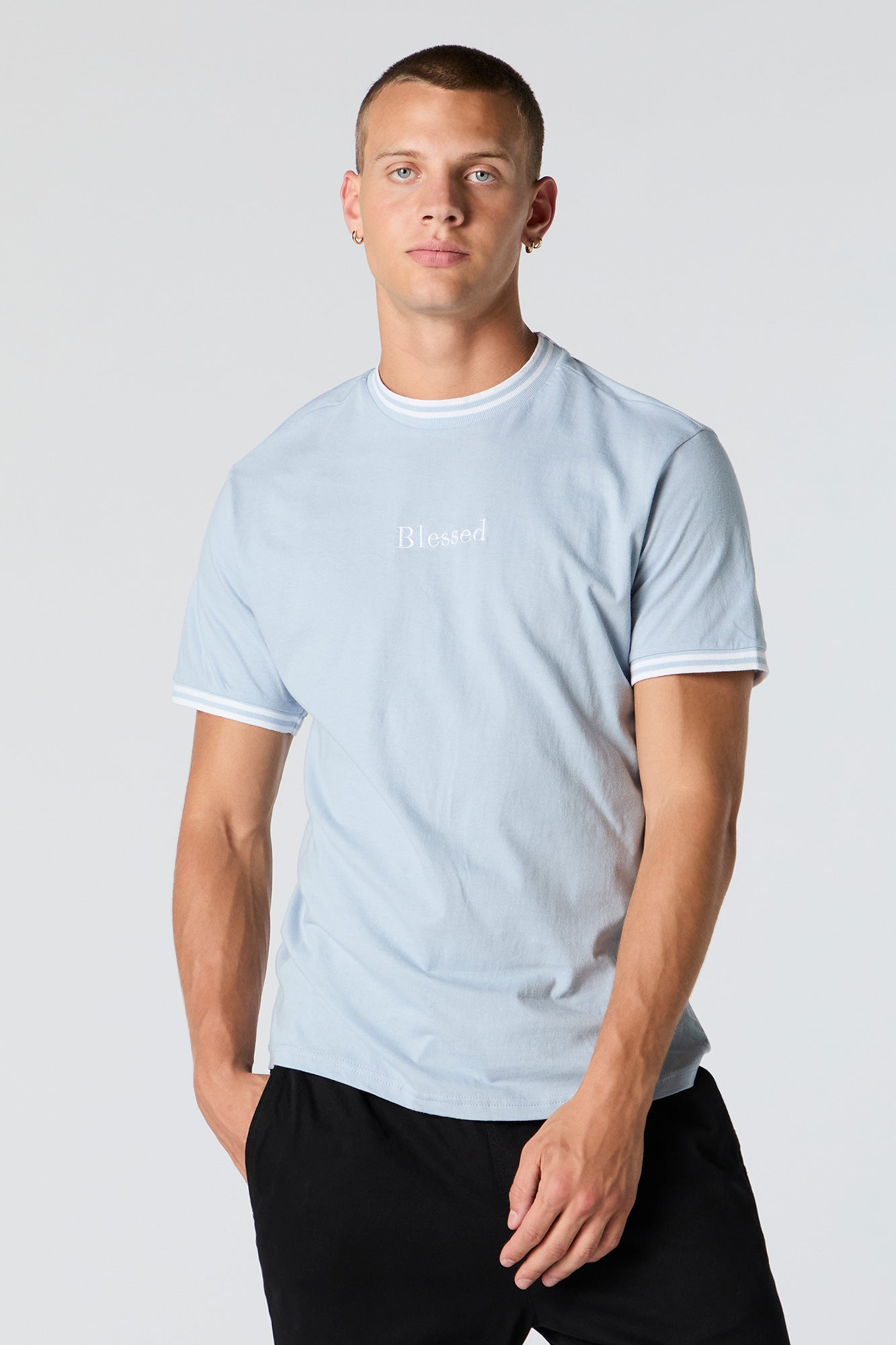 Blessed Embroidered Contrast Trim T-Shirt
