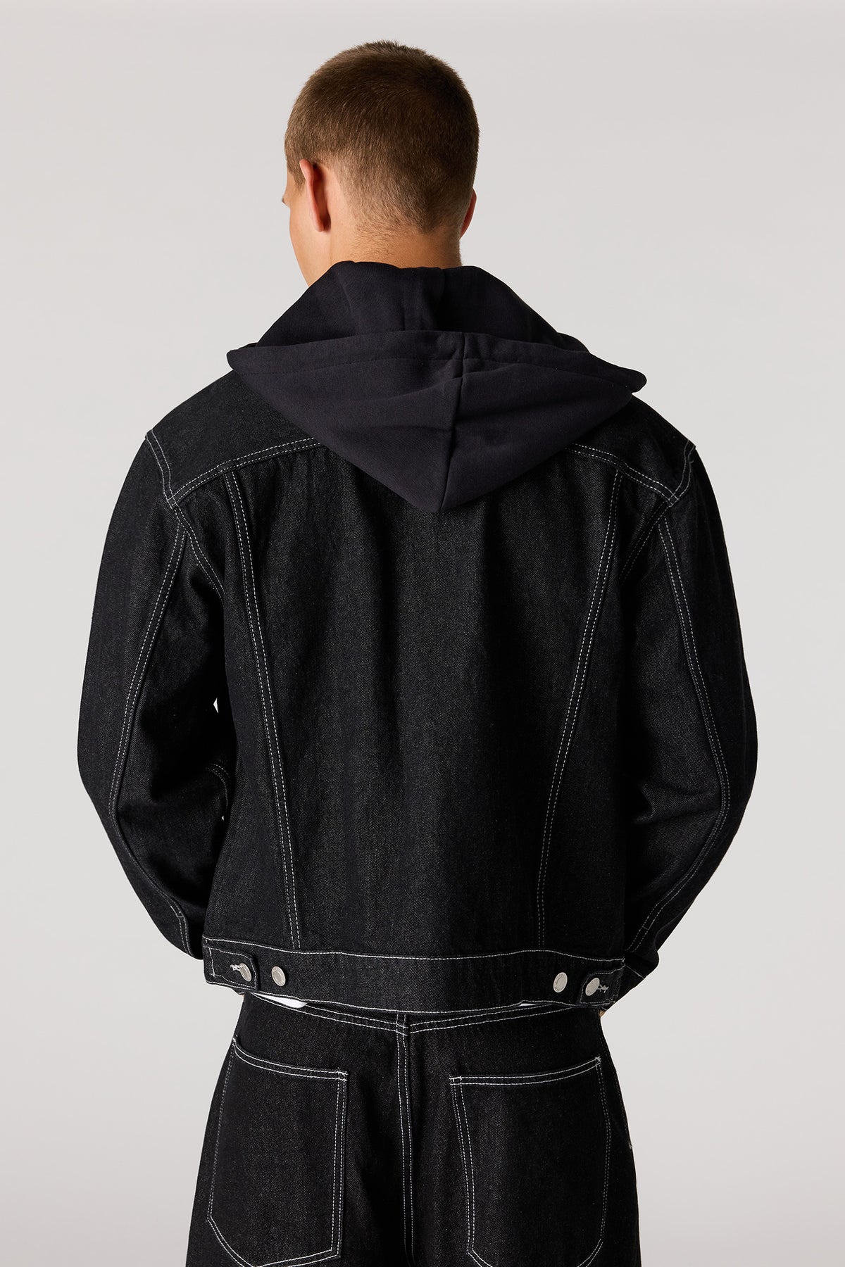 Alt View 2. Denim Removable Hooded Trucker Jacket - Pure Black